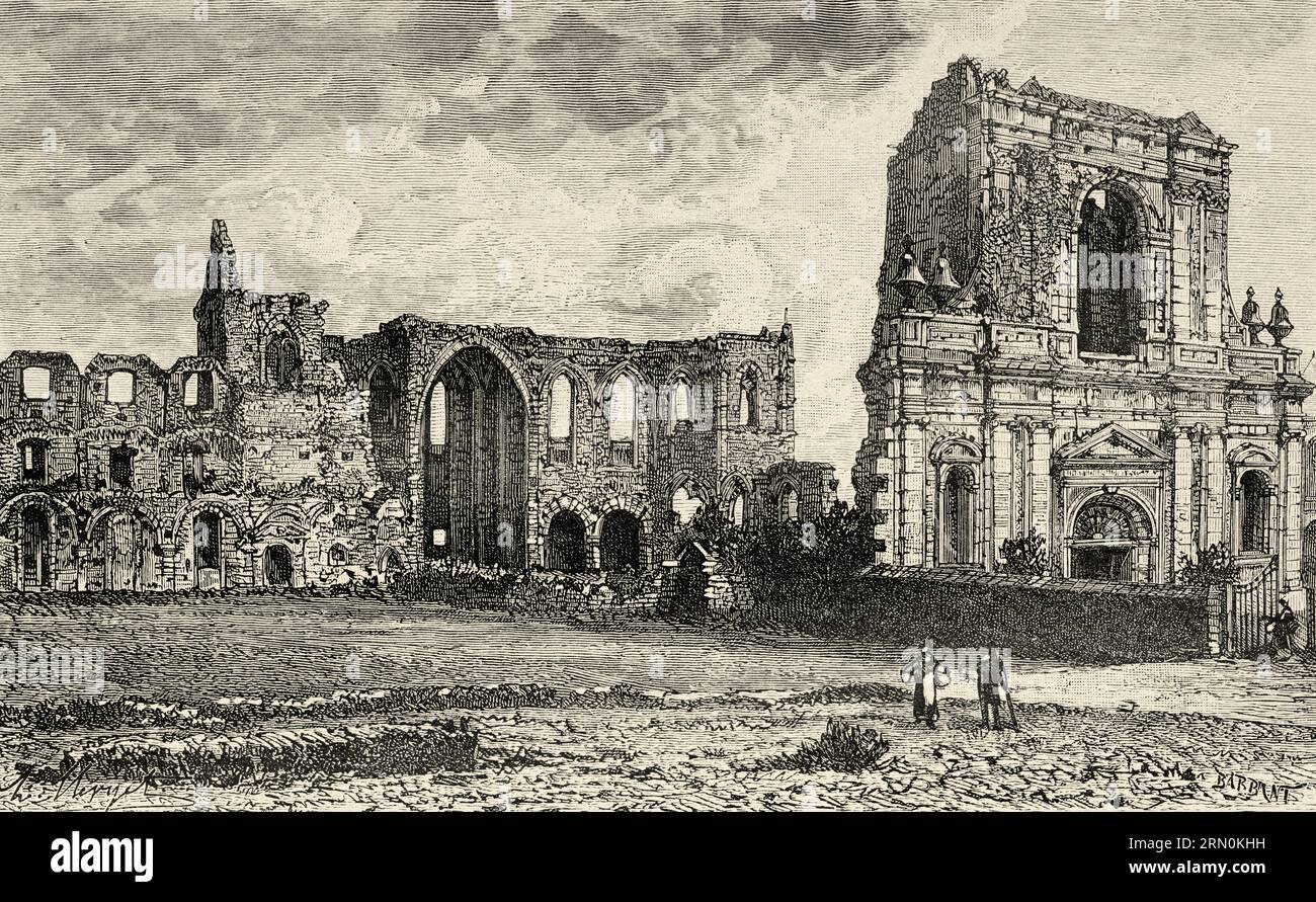 The ruins of the Cistercian Aulne Abbey, Hainaut province. Belgium, Europe. Journey to Belgium by Camille Lemonnier. Old 19th century engraving from Le Tour du Monde 1906 Stock Photo