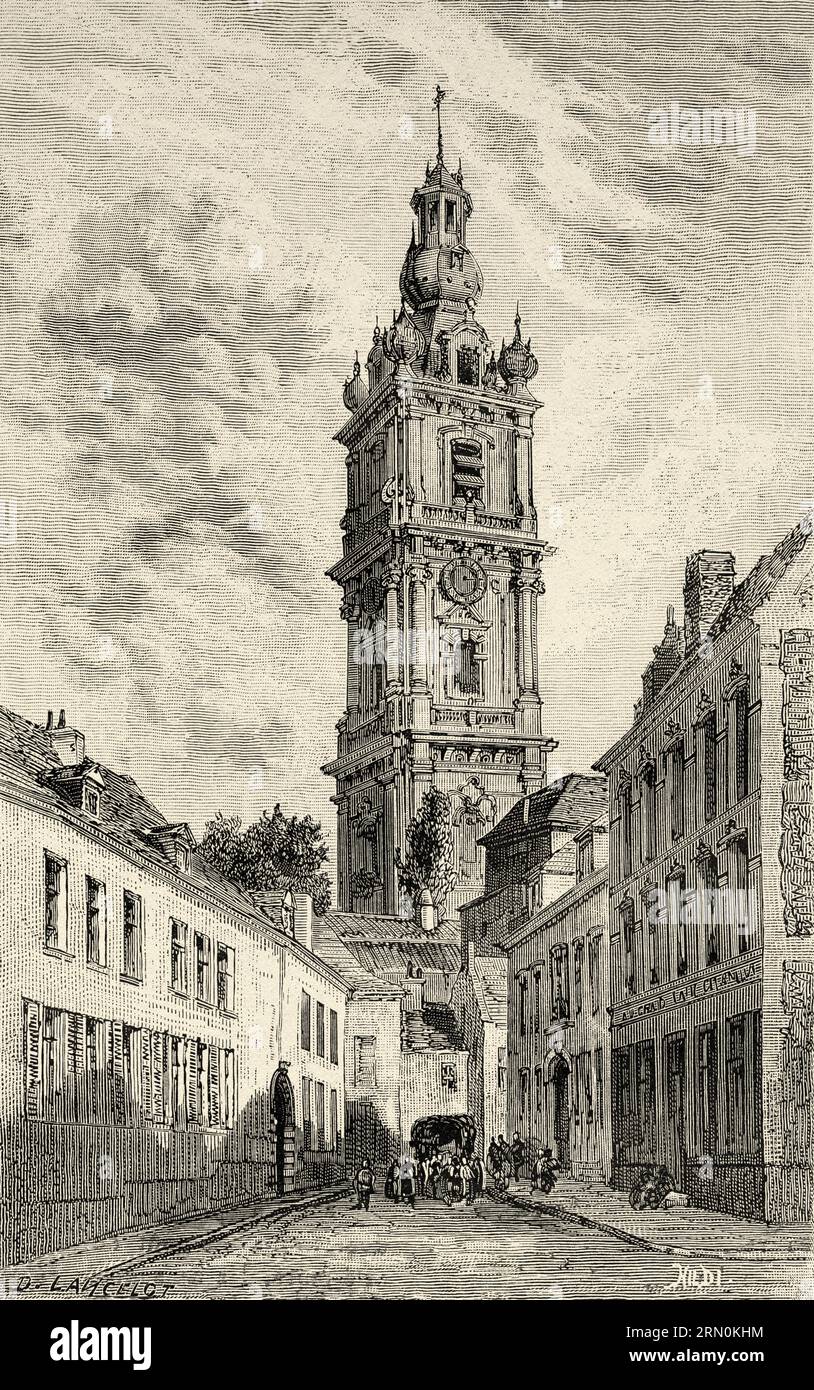 The Belfry of Mons. Hainaut province. Belgium, Europe. Journey to Belgium by Camille Lemonnier. Old 19th century engraving from Le Tour du Monde 1906 Stock Photo