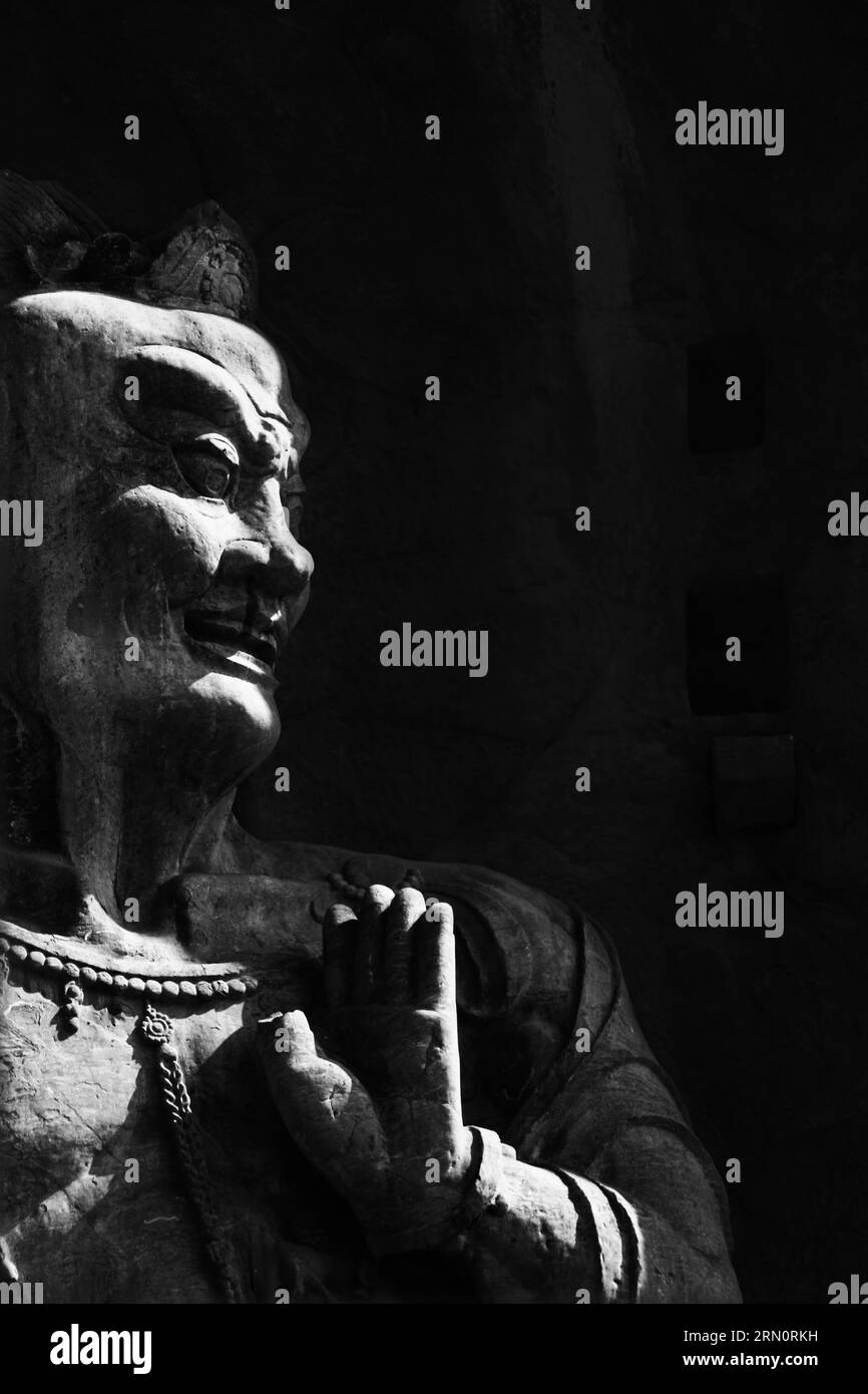 A grayscale of the Tang Dynasty Grottoes, with a history of more than