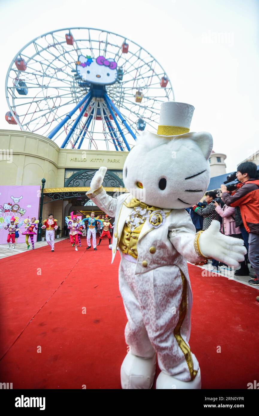 (141128) -- ANJI, Nov. 28, 2014 -- A staff in a cartoon character outfit is seen at a ceremony marking the completion of a Hello Kitty theme park in Anji, east China s Zhejiang Province, Nov. 28, 2014. The first of its kind in China, the Hello Kitty theme park in Anji is scheduled to open on Jan. 1, 2015, as more than a million visitors are expected per year. ) (lmm) CHINA-ZHEJIANG-ANJI-HELLO KITTY-THEME PARK-COMPLETION (CN) XuxYu PUBLICATIONxNOTxINxCHN   Anji Nov 28 2014 a Staff in a Cartoon Character Outfit IS Lakes AT a Ceremony marking The completion of a Hello Kitty Theme Park in Anji Eas Stock Photo