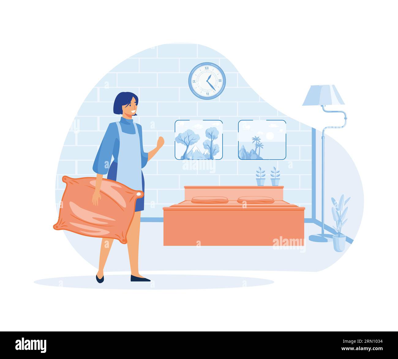 Hotel jobs concept, Housekeeper making bed in room, cleaning lady, room
