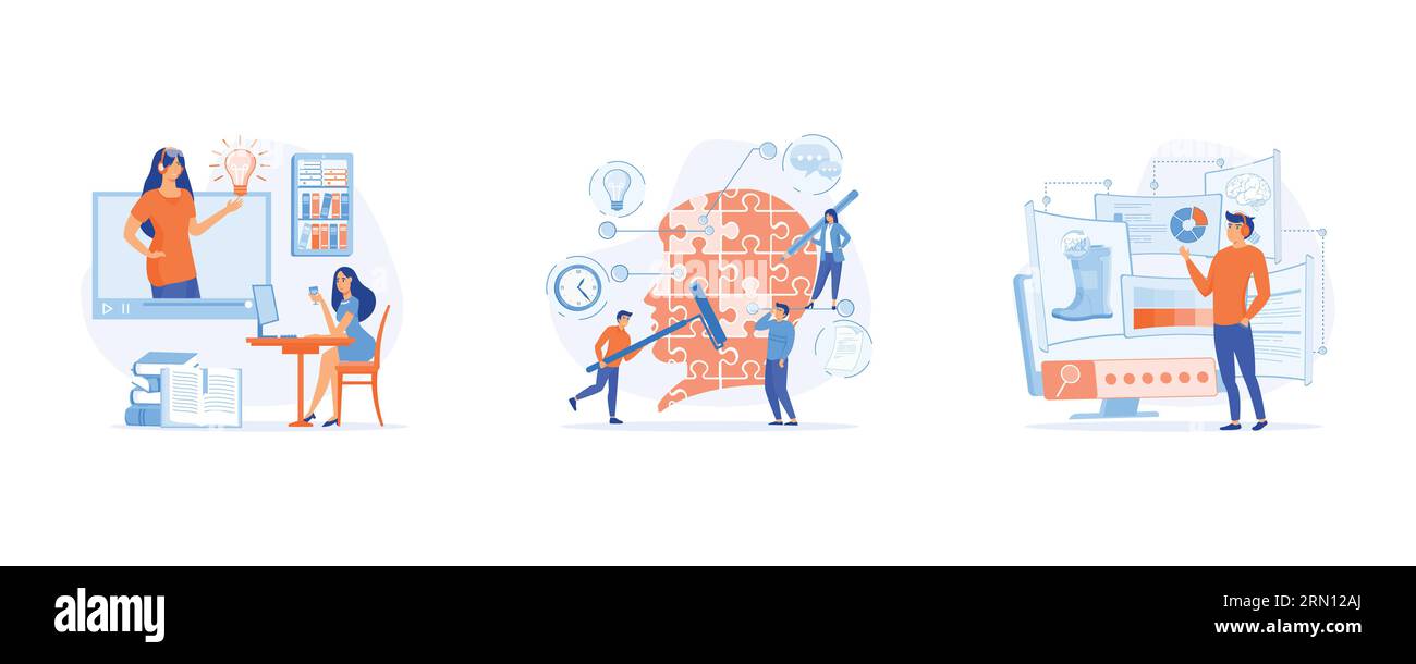 Concept customer and operator, online technical support 24-7 for web page, online assistant at work, remote consultant, set flat vector modern illustr Stock Vector