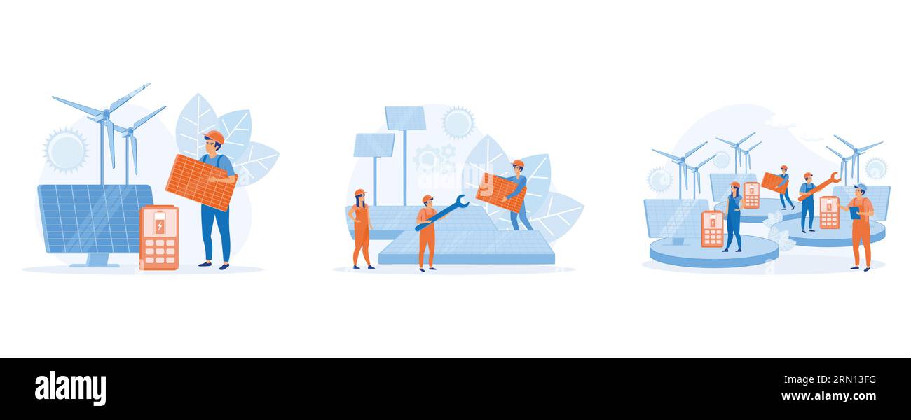 Solar panel installation concept, Installing solar modules. Scene with professional team and panels, set flat vector modern illustration Stock Vector