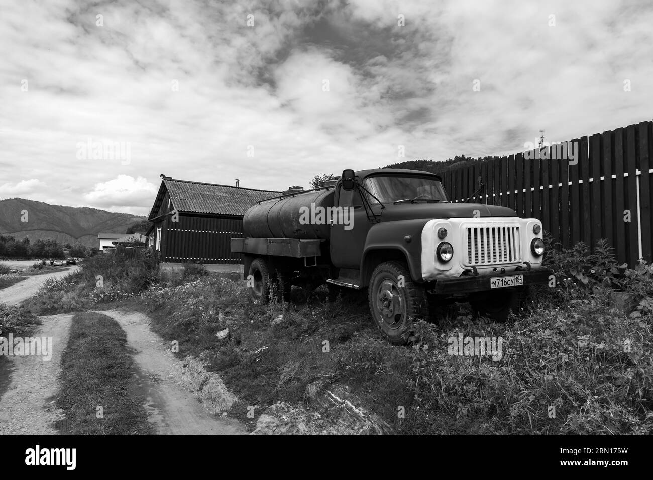 Altai Krai, Russia - August 22, 2022: Soviet truck GAZ-53, water carrier with a tank. It is a 3.5 tonne 4x2 truck produced by GAZ between 1961 and 199 Stock Photo