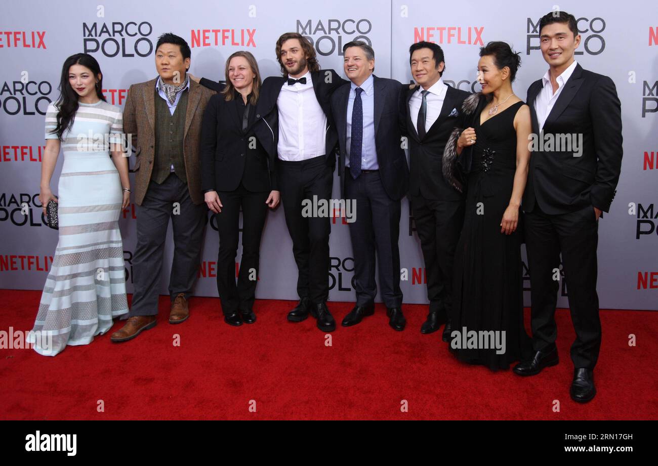 141203) -- NEW YORK, Cast members and producers of the new Netflix series Marco  Polo pose for group photos before the series premiere at AMC Lincoln Square  in New York, the United, image size:1300x921