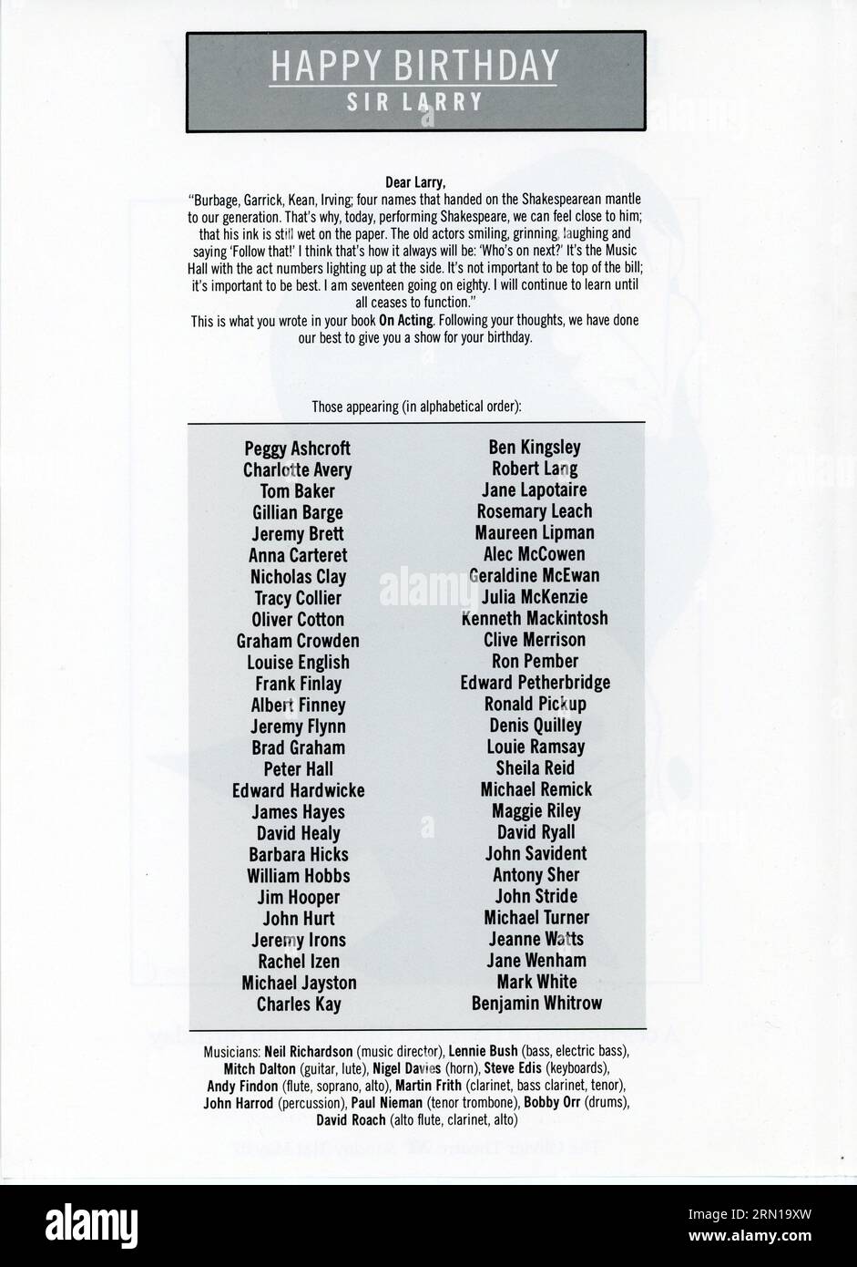 List of actors and actresses appearing in the show  from programme / brochure for HAPPY BIRTHDAY SIR LARRY A Celebration of Laurence Olivier's 80th Birthday on 22nd May 1987 held at The Olivier Theatre  in The National Theatre in London on Sunday 31st May 1987 Stock Photo