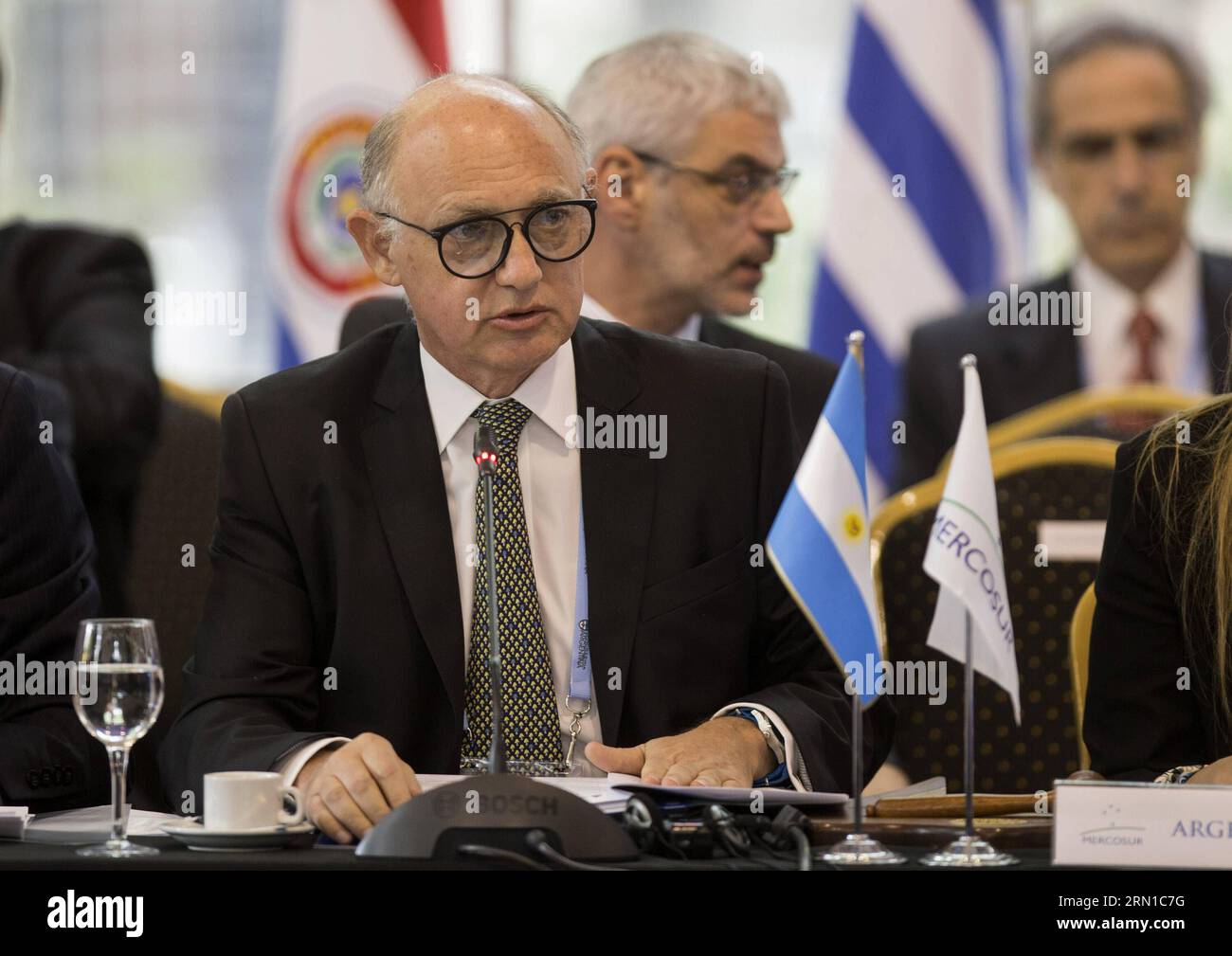 (141216) -- PARANA, Dec. 16, 2014 -- Argentina s Foreign Minister Hector Timerman (front) takes part in the regular meeting of the Common Market Council in the framework of the 47th Southern Common Market (MERCOSUR) trade bloc presidential summit, in Parana city, north of Buenos Aires, Argentina, on Dec. 16, 2014. The 47th Southern Common Market (MERCOSUR) trade bloc presidential summit will open on Wednesday in Parana. Martin Zabala) ARGENTINA-PARANA-MERCOSUR-SUMMIT e MARTINxZABALA PUBLICATIONxNOTxINxCHN   Parana DEC 16 2014 Argentina S Foreign Ministers Hector  Front Takes Part in The Regula Stock Photo
