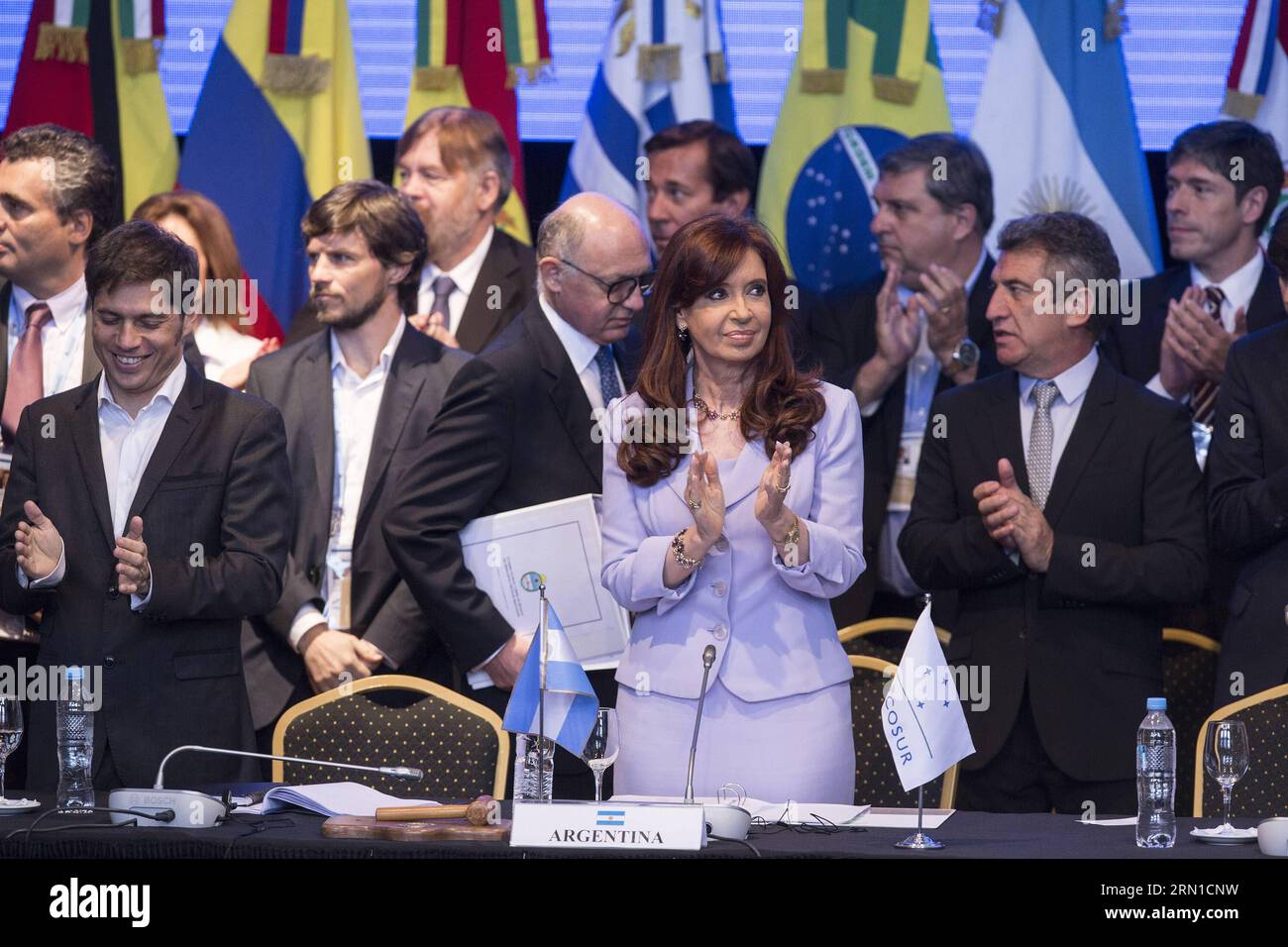 (141217) -- PARANA, Dec. 17, 2014 -- Argentina s President Cristina Fernandez de Kirchner (2nd R) reacts during the 47th Southern Common Market (MERCOSUR) trade bloc presidential summit, in Parana, Entre Rios, Argentina on Dec. 17, 2014. The 47th Southern Common Market (MERCOSUR) trade bloc presidential summit opened on Wednesday in Parana. Martin Zabala) ARGENTINA-PARANA-MERCOSUR-SUMMIT e MARTINxZABALA PUBLICATIONxNOTxINxCHN   Parana DEC 17 2014 Argentina S President Cristina Fernandez de Kirchner 2nd r reacts during The 47th Southern Common Market Mercosur Trade Bloc Presidential Summit in P Stock Photo