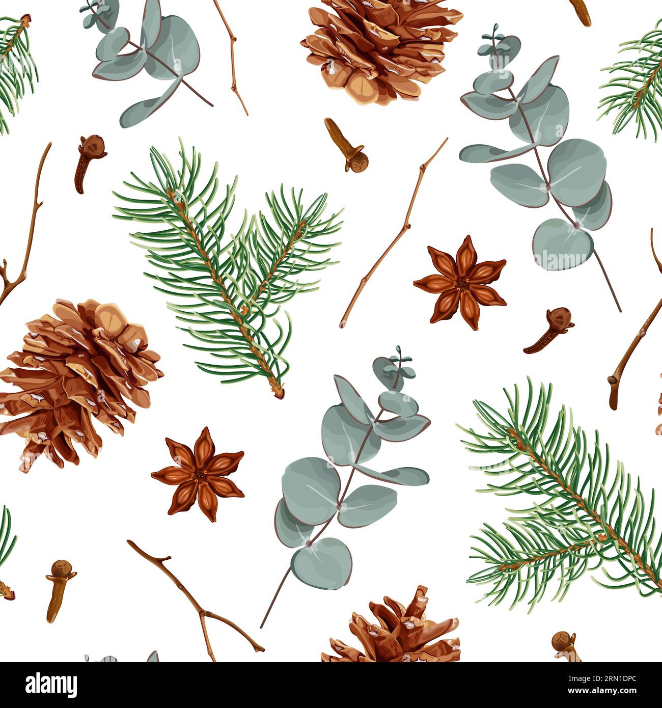 Christmas seamless pattern with pine cones, Christmas tree, eucalyptus ...