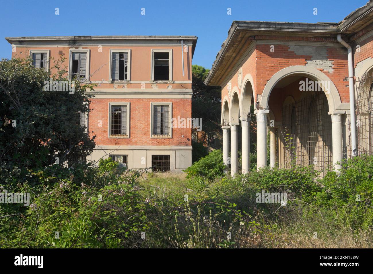 Colonia Ettore Motta (1926-1937) abandoned former summer camp (colonia estiva) buildings, Marina di Massa,  Tuscany, Italy Stock Photo