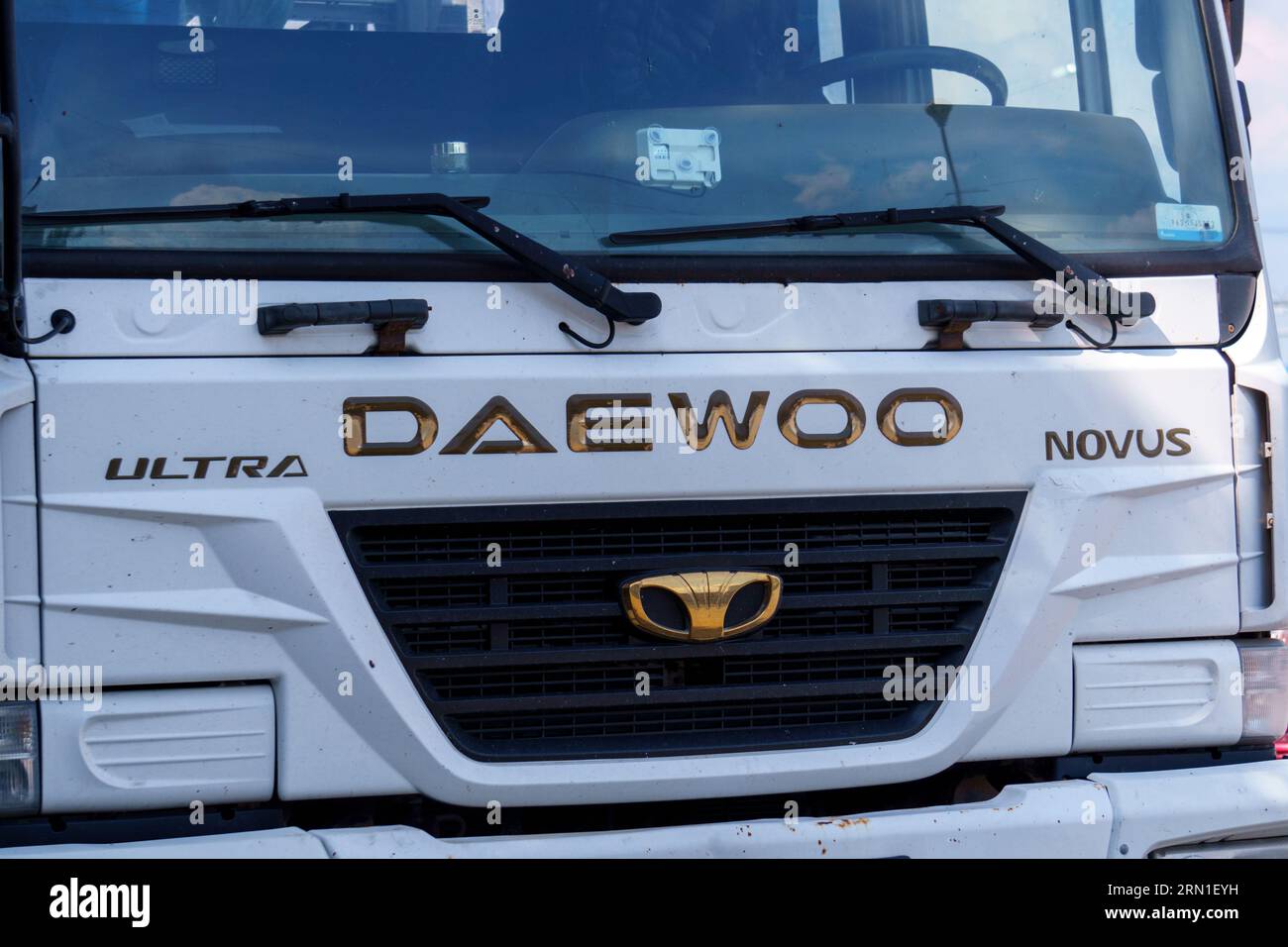 Tyumen, Russia-August 09, 2023: Front panel and logo of Daewoo ultra Novus. Stock Photo