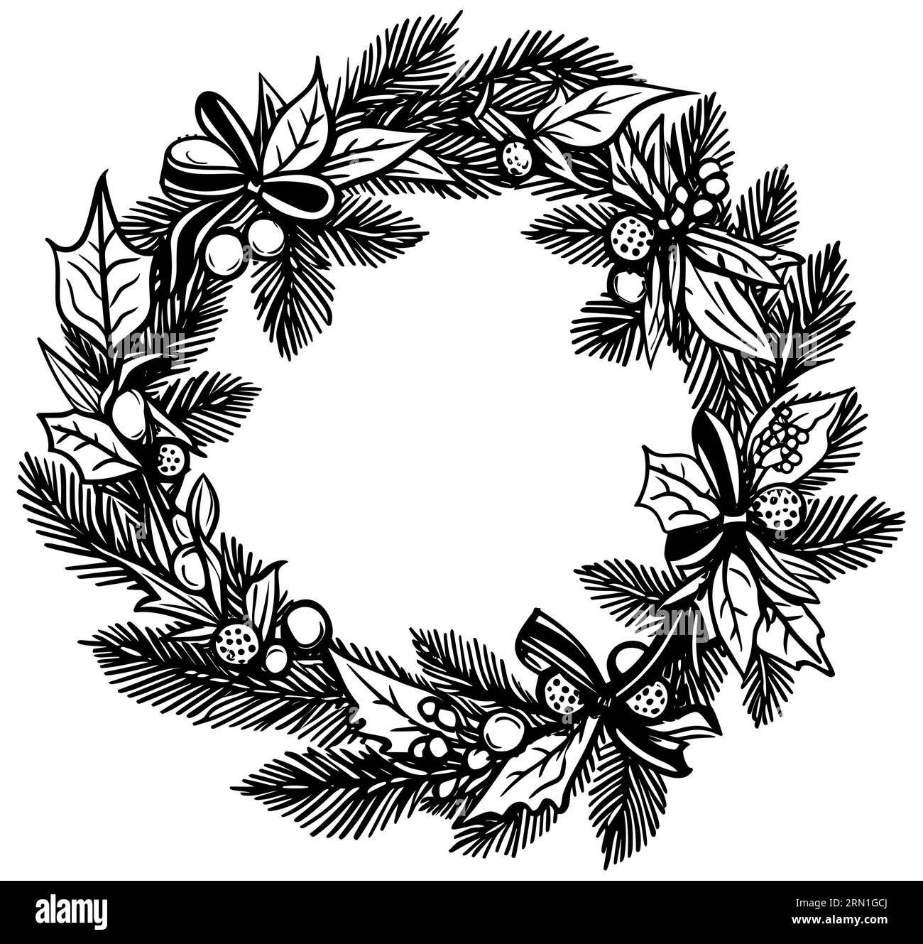 Woodcut style illustration Christmas wreath on white background Stock ...