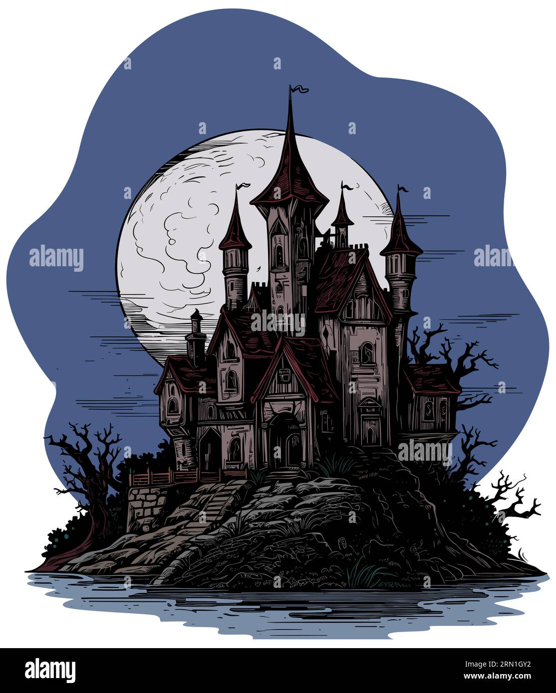 Illustration of creepy dark castle at night, isolated on white background. Stock Vector