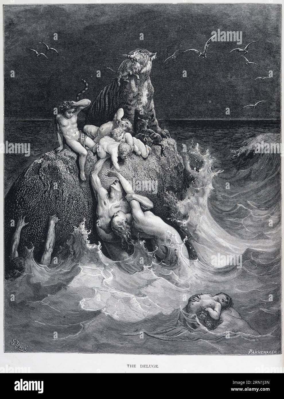 The Deluge, a wood engraving by Gustave Doré, from his 1866 illustrated version of the King James Bible, first published in France as La Grande Bible de Tours. The illustration shows people and animals attempting to survive the flood described in the Book of Genesis, sent by God as a punishment for the wickedness of mankind Stock Photo