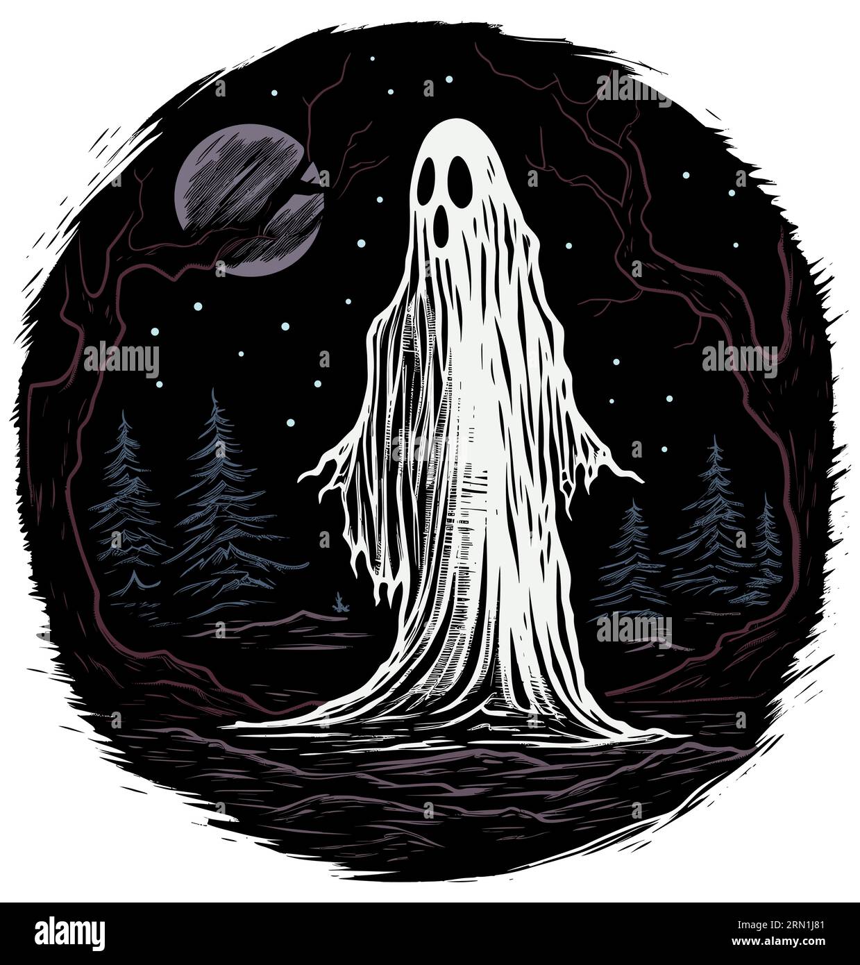 Illustration of spooky ghost wandering in haunted forest Stock Vector