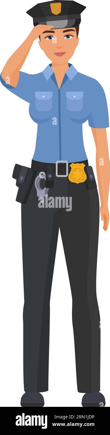 Standing policewoman in working uniform. Female police officer in blue clothing cartoon vector illustration Stock Vector