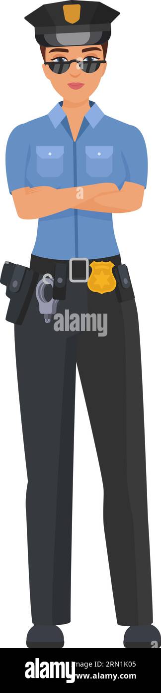 Serious policewoman with crossed arms. Standing female police officer in working uniform cartoon vector illustration Stock Vector