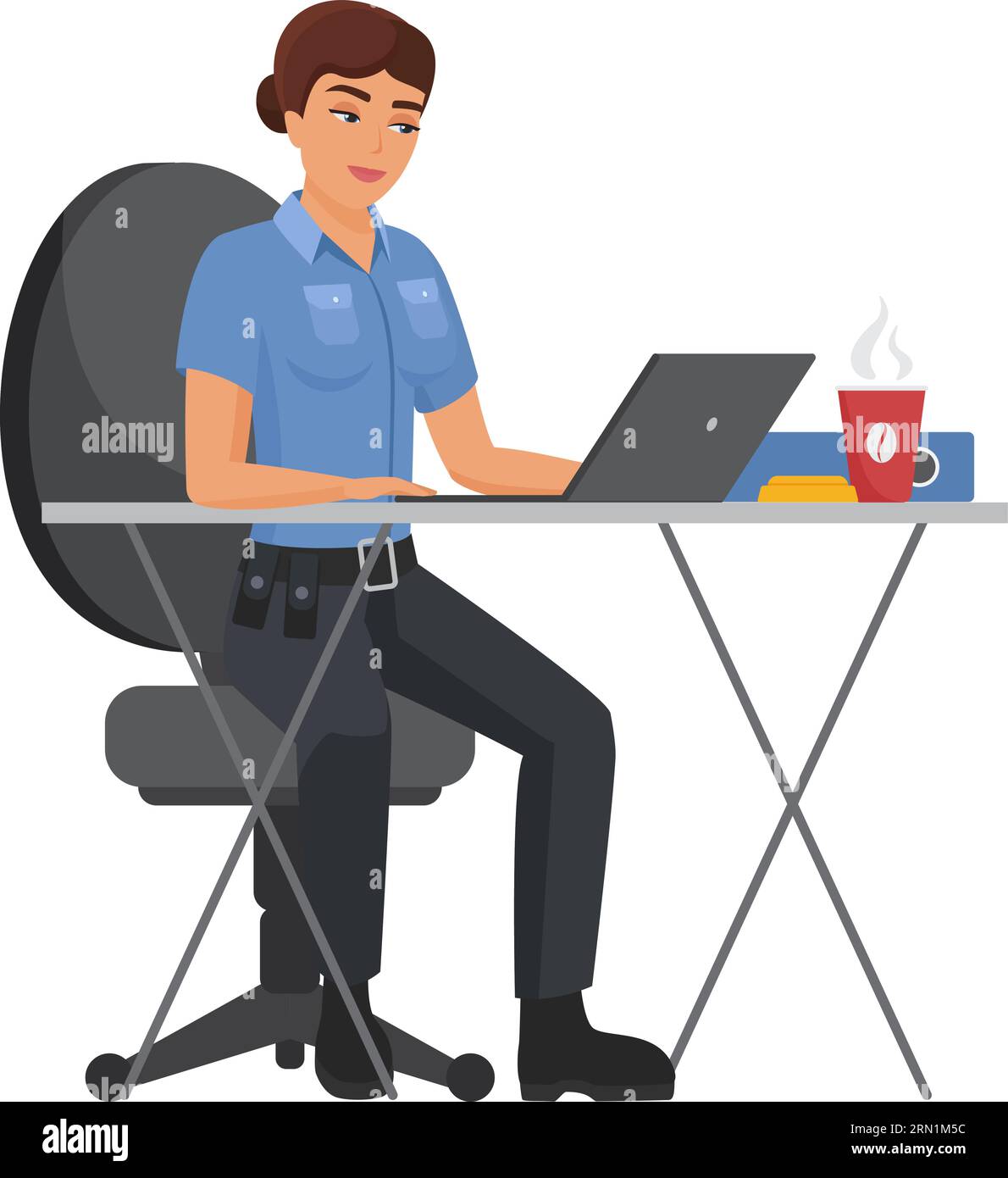 Policewoman working at office table. Police officer working at computer cartoon vector illustration Stock Vector
