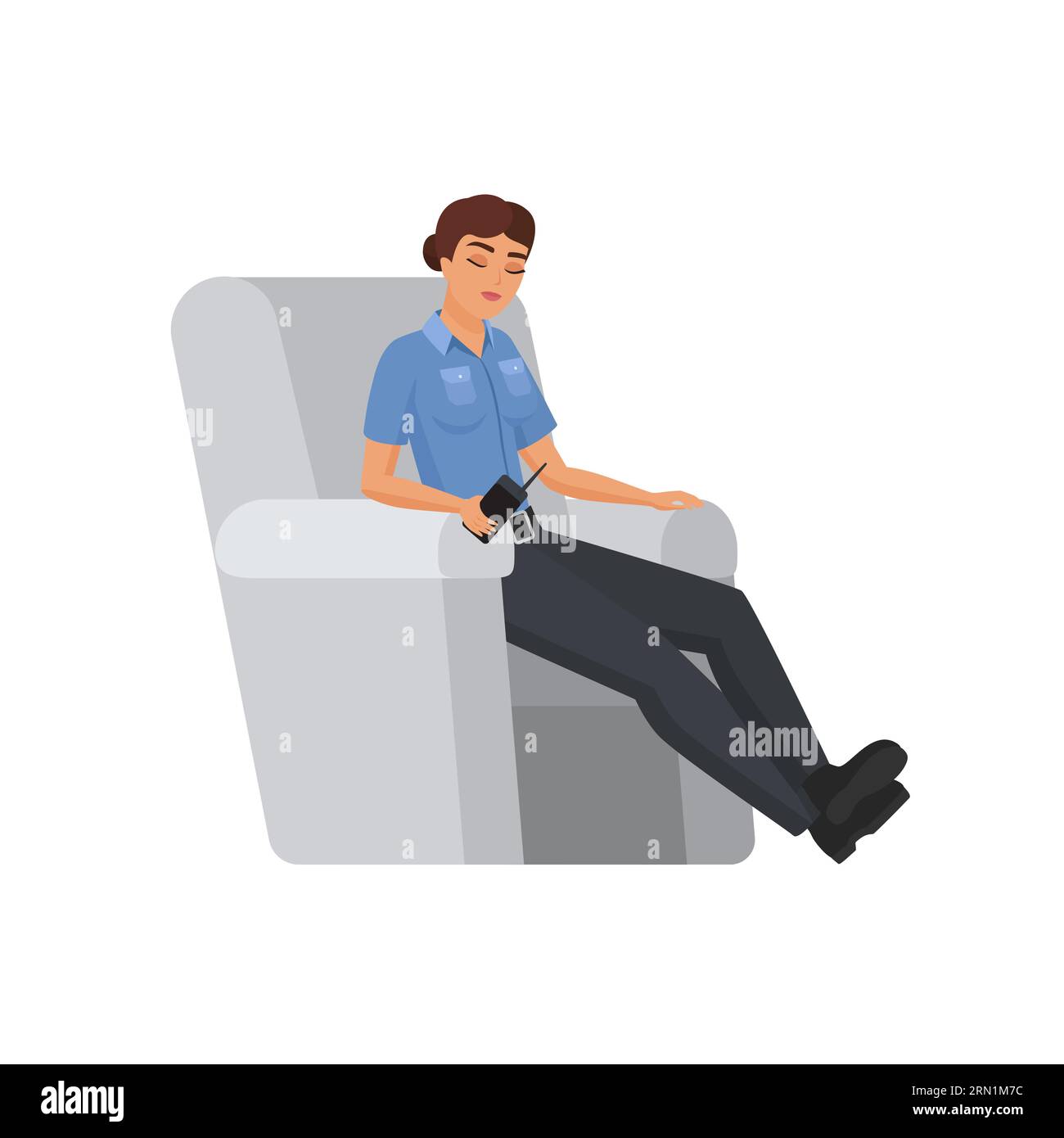 Policewoman sitting in armchair. Relaxed female police officer cartoon vector illustration Stock Vector