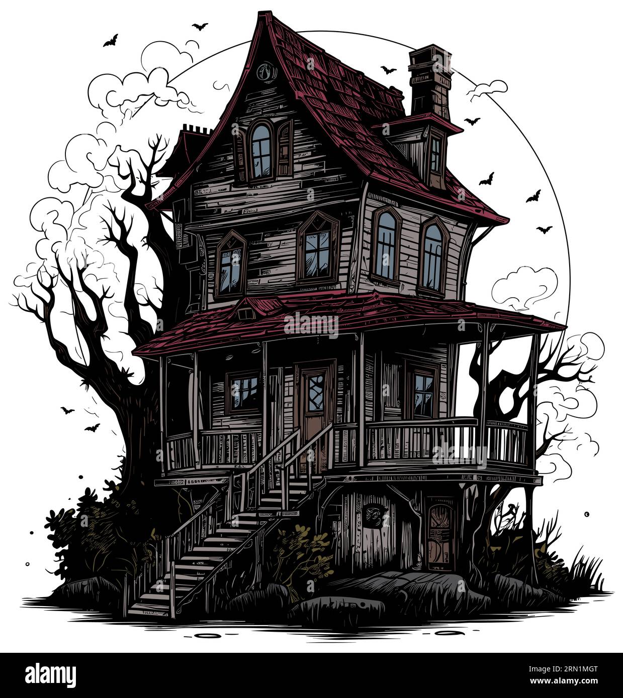 Illustration of creepy haunted house on white background. Stock Vector