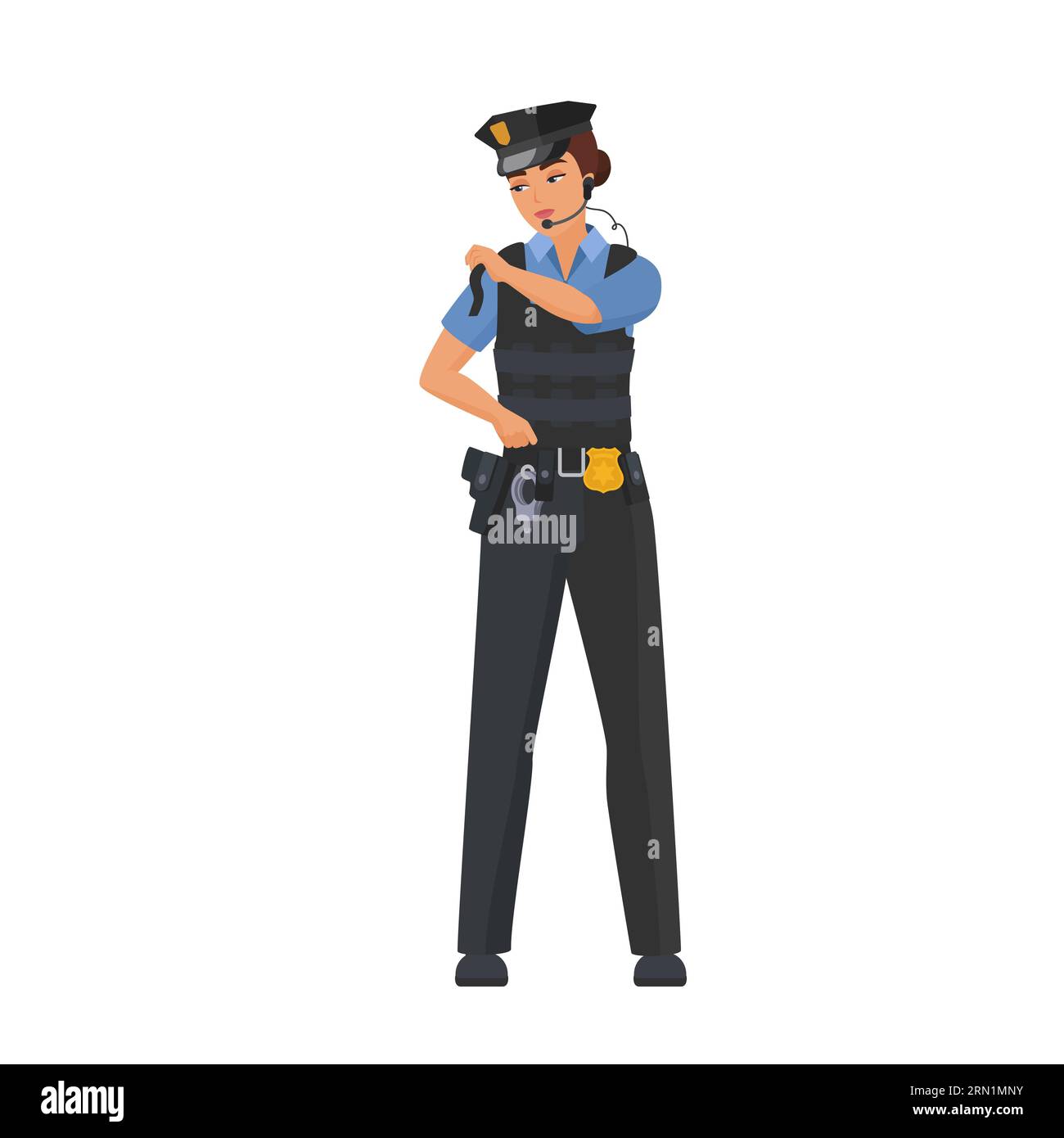 Policewoman wearing bulletproof vest. Police officer security equipment cartoon vector illustration Stock Vector