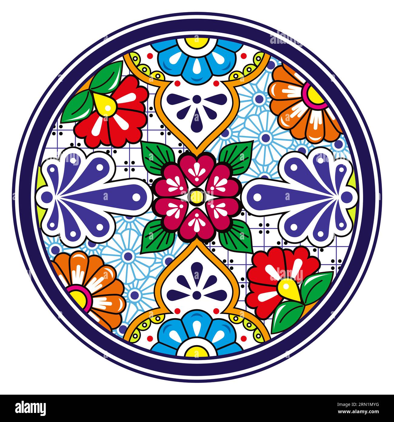 Mexican Talavera pottery or ceramics style vector plate design, round decorative background inspired by traditional designs from Mexico Stock Vector