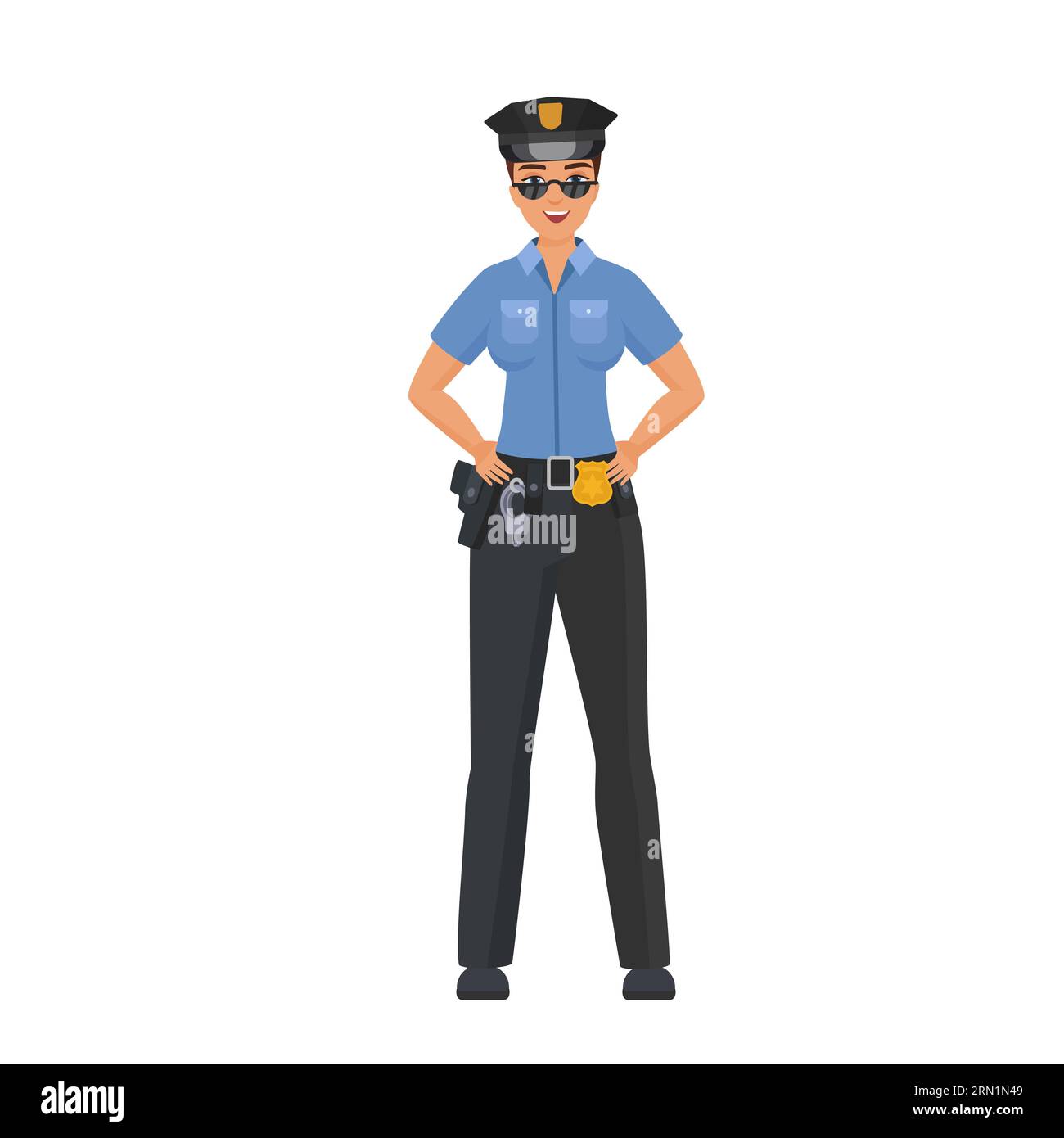 Standing policewoman with hands on hips. Confident female police officer cartoon vector illustration Stock Vector