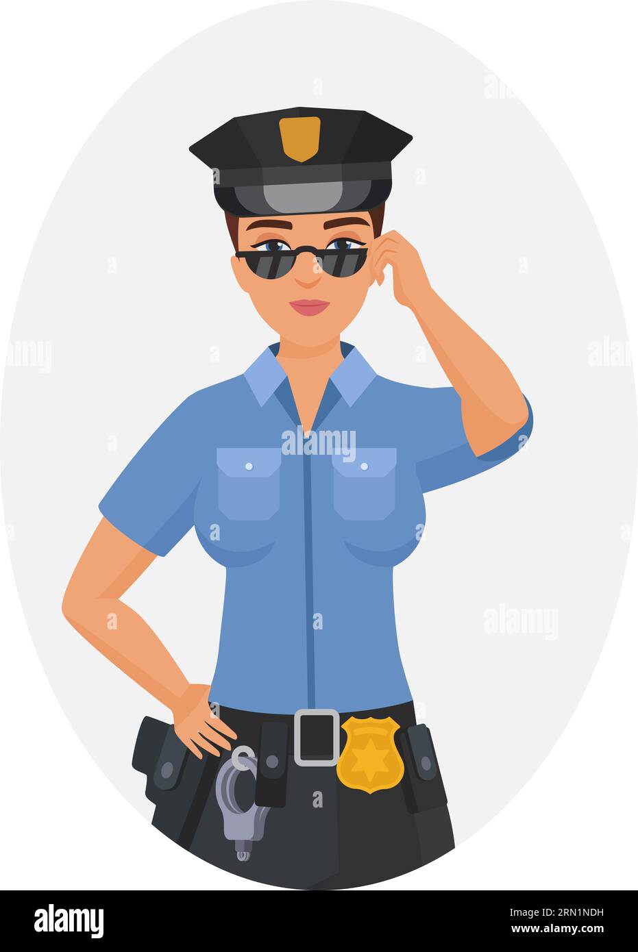 Smiling policewoman in standing pose. Serious police officer in work uniform cartoon vector illustration Stock Vector