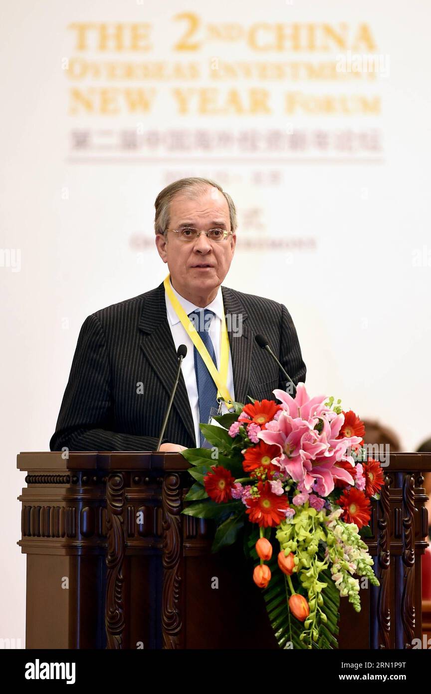 (150115) -- BEIJING, Jan. 15, 2015 -- French Ambassador to China Maurice Gourdault-Montagne addresses the opening ceremony of the 2nd China Overseas Investment New Year Forum in Beijing, capital of China, Jan. 15, 2015. ) (ry) CHINA-BEIJING-INVESTMENT FORUM (CN) LixXin PUBLICATIONxNOTxINxCHN   Beijing Jan 15 2015 French Ambassador to China Maurice  Montagne addresses The Opening Ceremony of The 2nd China Overseas Investment New Year Forum in Beijing Capital of China Jan 15 2015 Ry China Beijing Investment Forum CN  PUBLICATIONxNOTxINxCHN Stock Photo