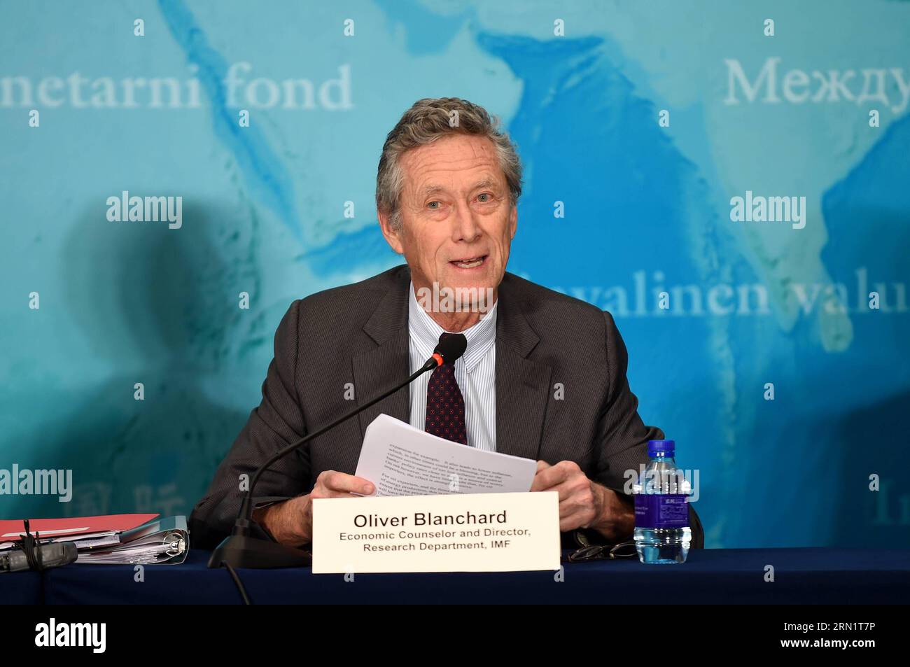 (150120) -- BEIJING, Jan. 20, 2015 -- Olivier Blanchard, IMF economic counsellor and director of the Research Department, attends a press briefing on the World Economic Outlook in Beijing, capital of China, Jan. 20, 2015. ) (wyo) CHINA-BEIJING-IMF-WORLD ECONOMIC OUTLOOK (CN) LixXin PUBLICATIONxNOTxINxCHN   Beijing Jan 20 2015 Olivier Blanchard IMF Economic counselor and Director of The Research Department Attends a Press Briefing ON The World Economic Outlook in Beijing Capital of China Jan 20 2015  China Beijing IMF World Economic Outlook CN  PUBLICATIONxNOTxINxCHN Stock Photo