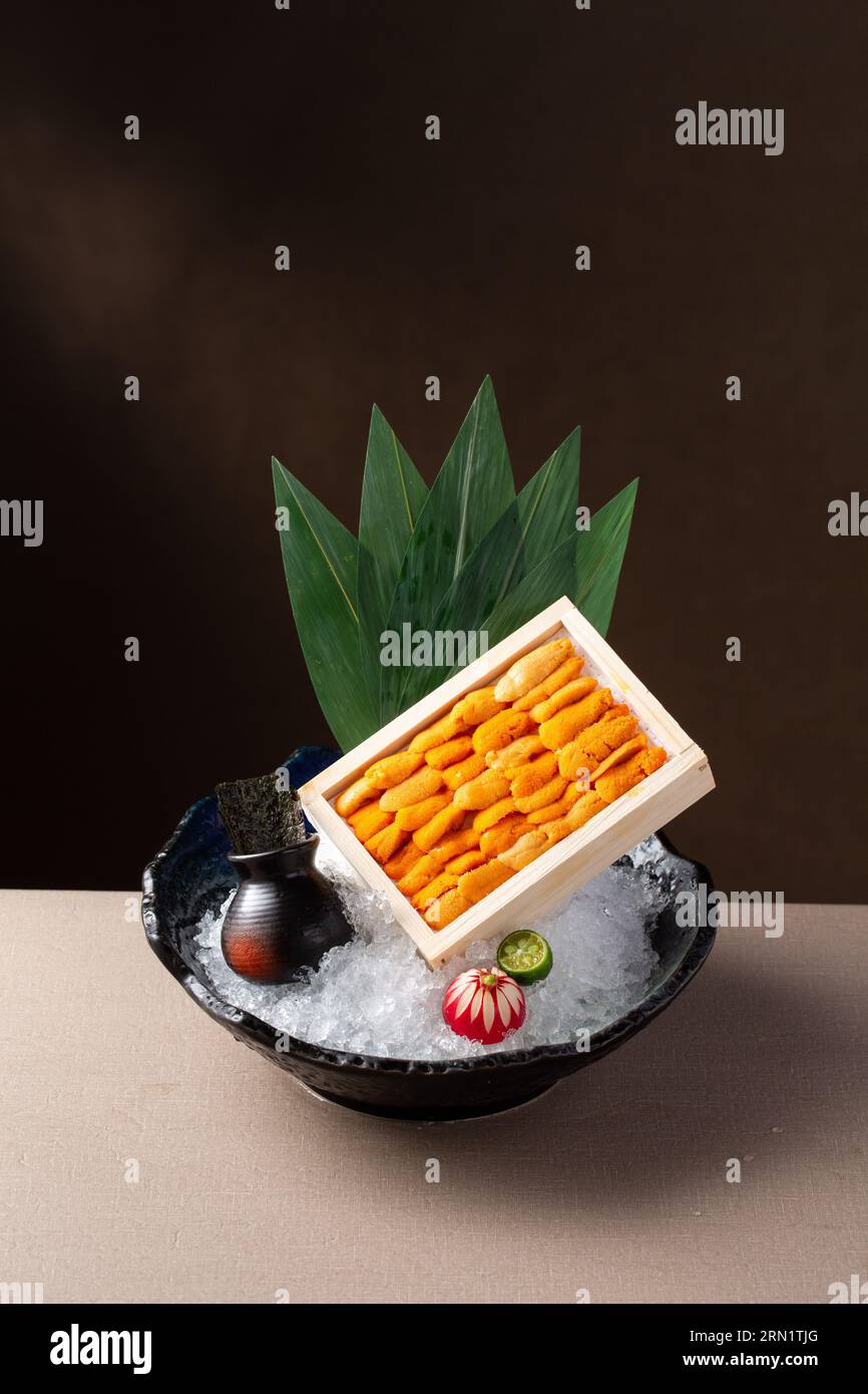 raw sashimi japanese sea urchin in wooden pallet Stock Photo Alamy
