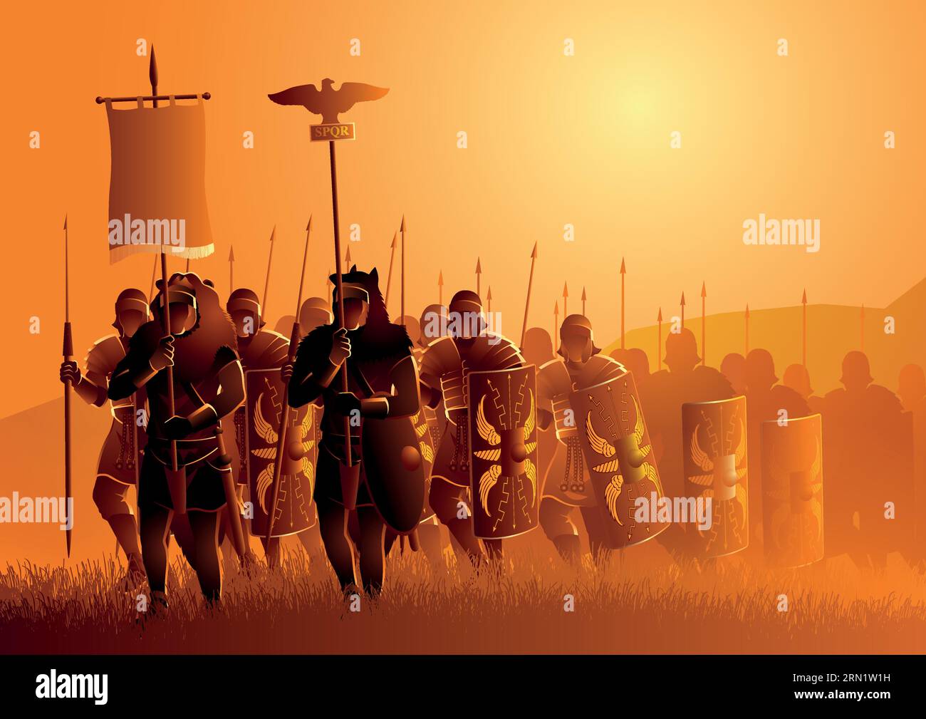 Vector illustration of ancient Rome legionary march in the grass field Stock Vector