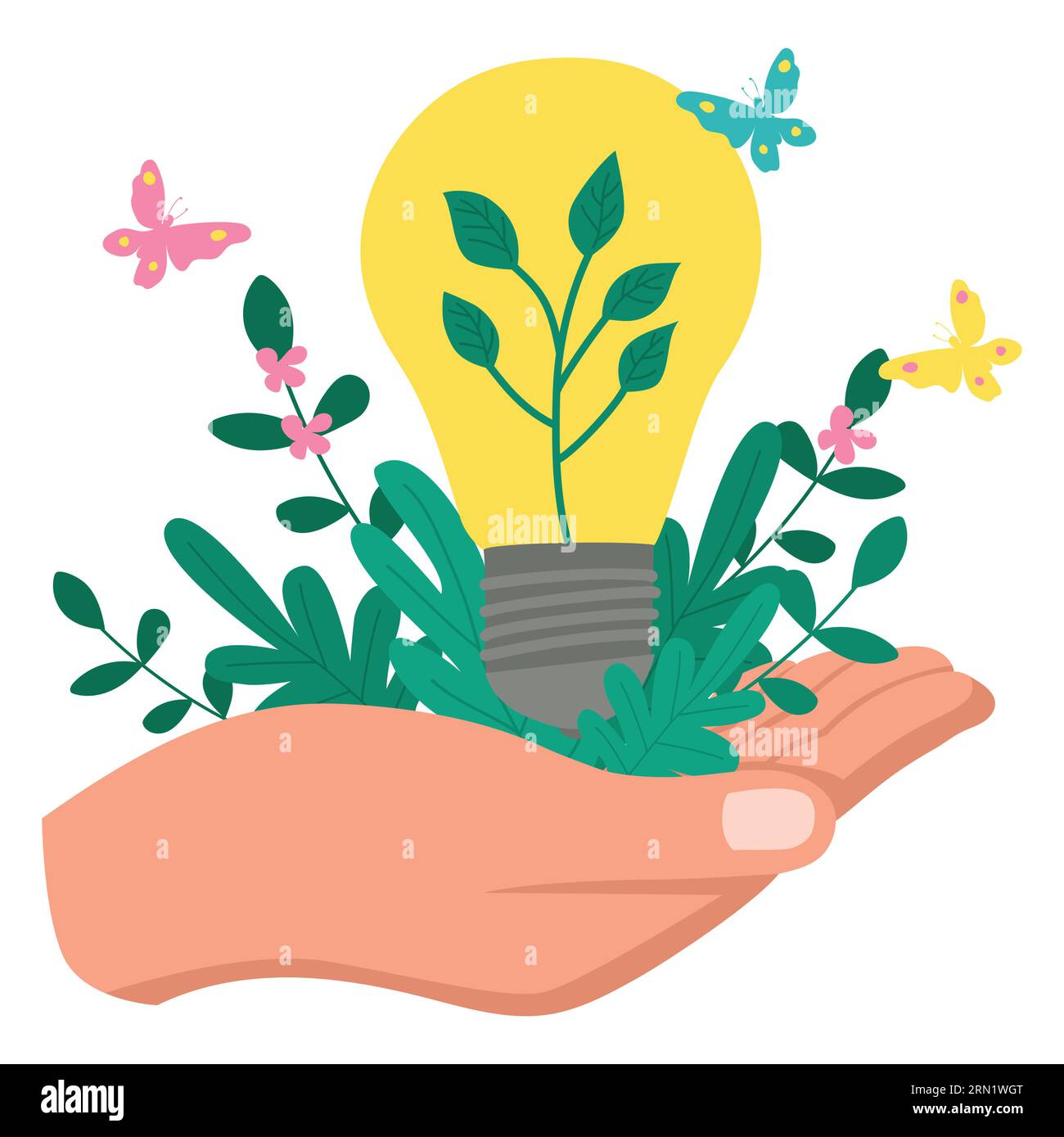 Simple flat vector illustration of hand holding green ecology light ...