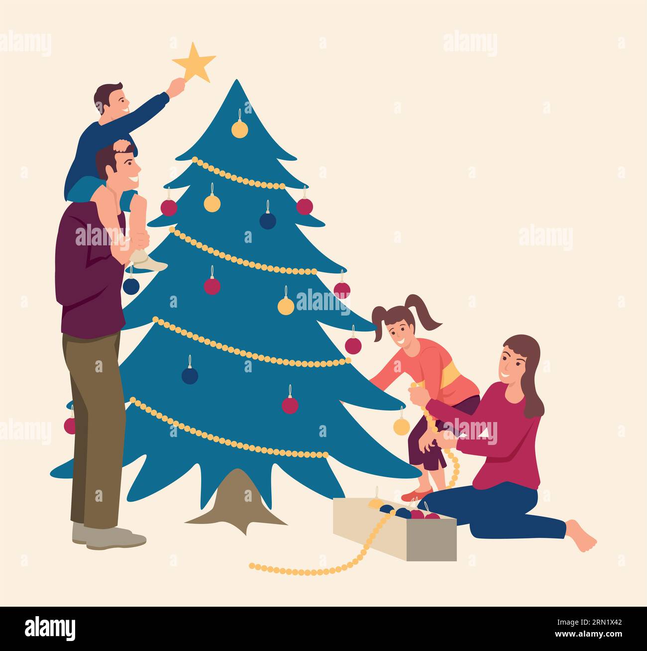 Simple flat vector illustration of happy family decorating Christmas ...
