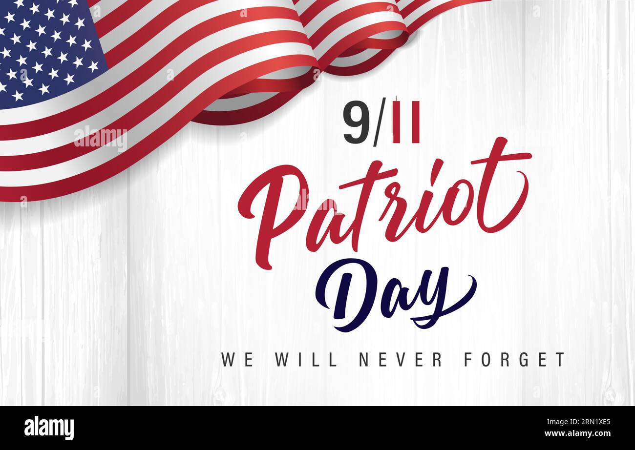 9/11 Patriot day USA Never forget, lettering with american flag. Vector conceptual illustration - We will Never Forget September 11, 2001. Poster Stock Vector