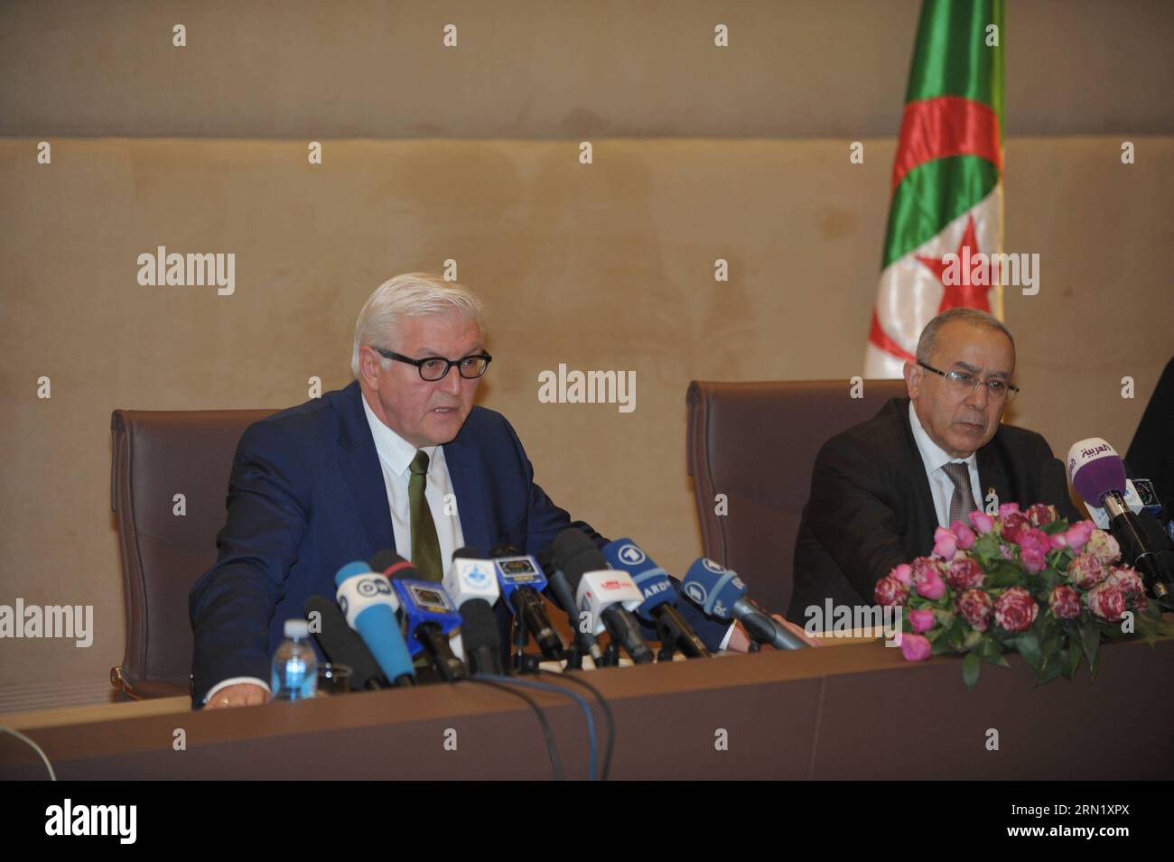 (150124) -- ALGIERS, Jan. 24, 2015 () -- German Foreign Minister Frank-Walter Steinmeier (L) speaks during a press conference with Algeria s Foreign Minister Ramtane Lamamra in Algiers, capital of Algeria, Jan. 24, 2015. () ALGERIA-ALGIERS-GERMANY-FM-PRESS CONFERENCE xinhua PUBLICATIONxNOTxINxCHN   Algiers Jan 24 2015 German Foreign Ministers Frank Walter Stein Meier l Speaks during a Press Conference With Algeria S Foreign Ministers Ramtane Mr Lamamra in Algiers Capital of Algeria Jan 24 2015 Algeria Algiers Germany FM Press Conference XINHUA PUBLICATIONxNOTxINxCHN Stock Photo