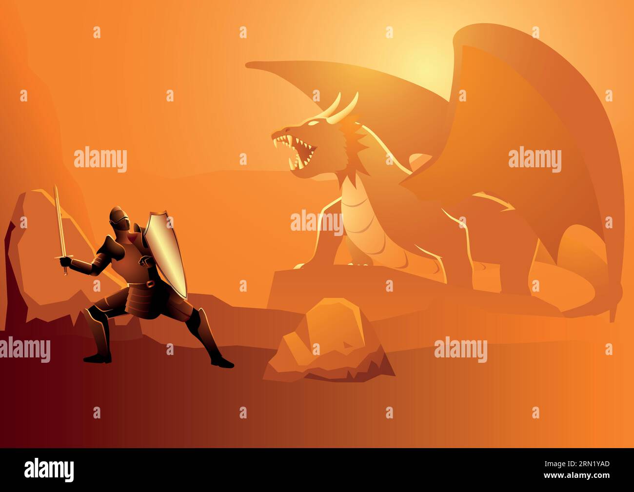 Vector illustration of a knight ready to fight a dragon in its lair ...