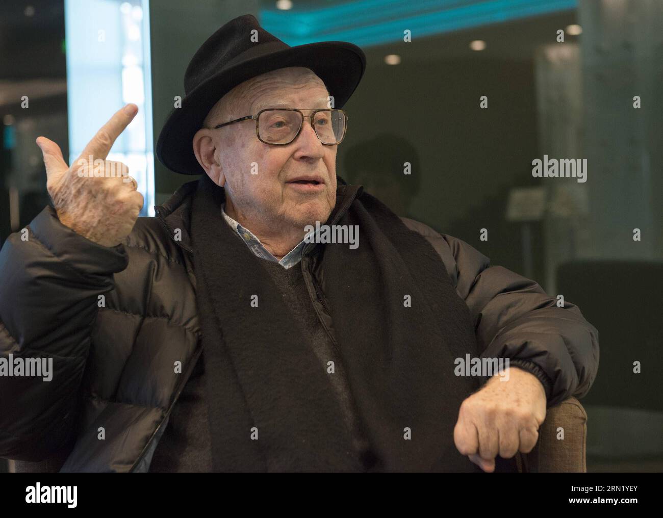 ZAGREB, Jan. 26, 2015 -- Holocaust survivor Branko Lustig speaks during an interview with Xinhua News Agency in Zagreb, capital of Croatia, Jan. 26, 2015. Branko Lustig is a famous Croatian film producer, winner of two Oscar Awards for Schindler s List and Gladiator. During World War II, he was imprisoned for two years in Auschwitz and Bergen-Belsen as a child. He will join Croatian delegation to attend an official ceremony marking the 70th anniversary of the liberation of the KL Auschwitz Concentration Camp in the former Auschwitz-Birkenau camp in Poland on Jan. 26. The day is also the Intern Stock Photo
