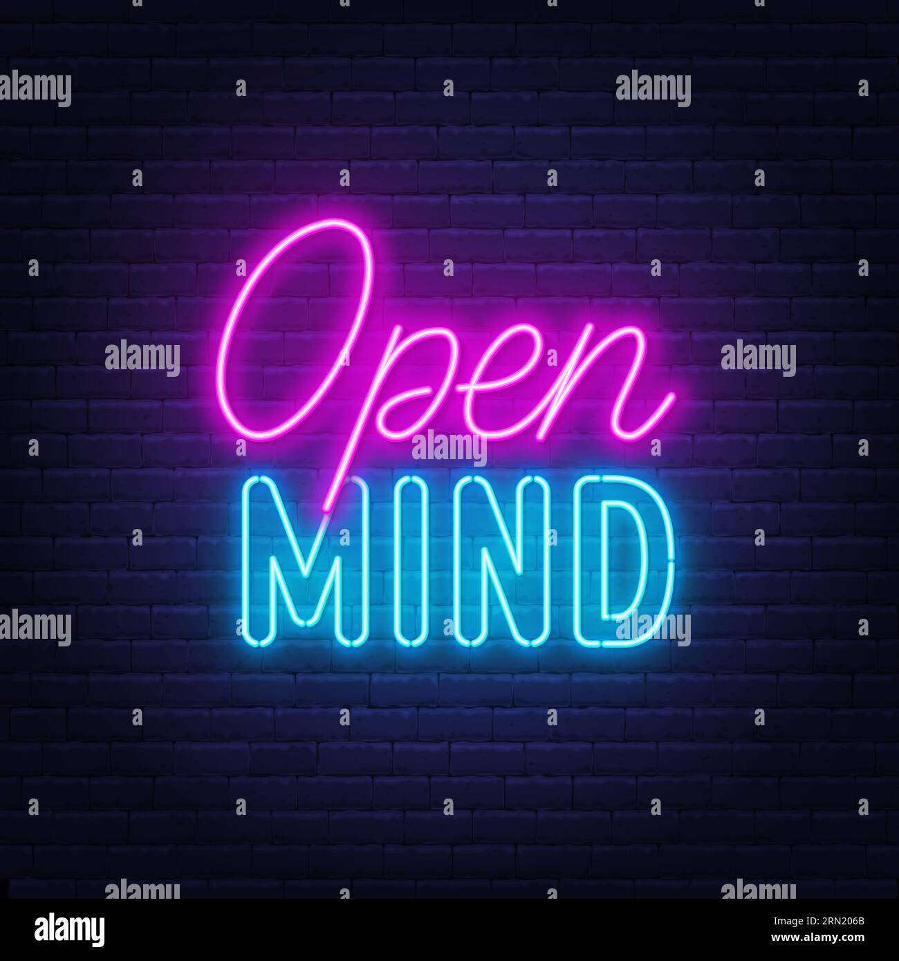 Open Mind neon lettering on brick wall background . Stock Vector