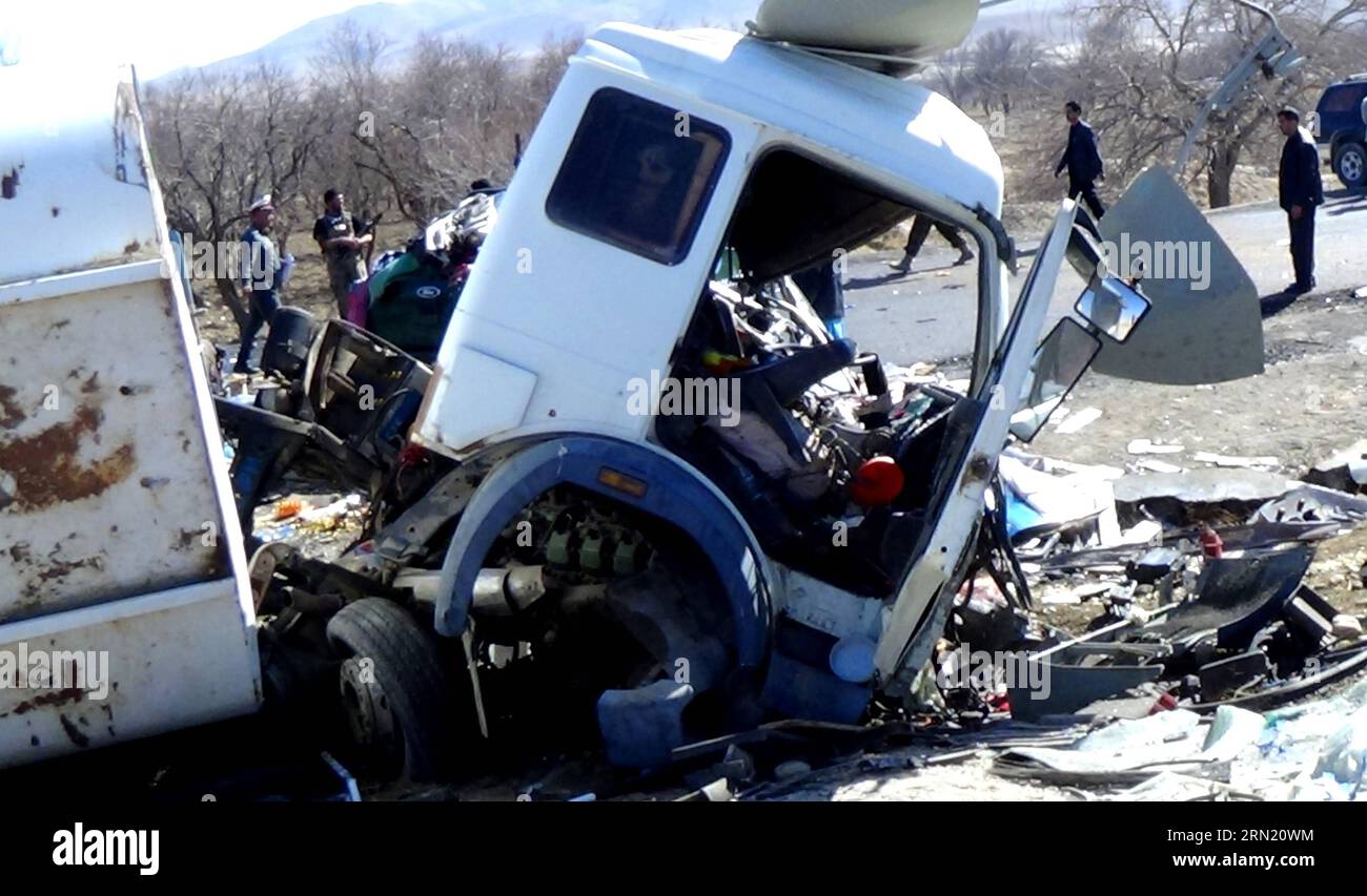(150129) -- ZABUL, Jan. 29, 2015 -- The traffic accident site is seen in Zabul province in southern Afghanistan on Jan. 29, 2015. At least 21 people were killed and more than 30 others wounded after a bus collided with a truck in southern Afghan province of Zabul on Thursday, police said. ) AFGHANISTAN-ZABUL-TRAFFIC ACCIDENT Arghand PUBLICATIONxNOTxINxCHN   Zabul Jan 29 2015 The Traffic accident Site IS Lakes in Zabul Province in Southern Afghanistan ON Jan 29 2015 AT least 21 Celebrities Were KILLED and More than 30 Others Wounded After a Bus collided With a Truck in Southern Afghan Province Stock Photo