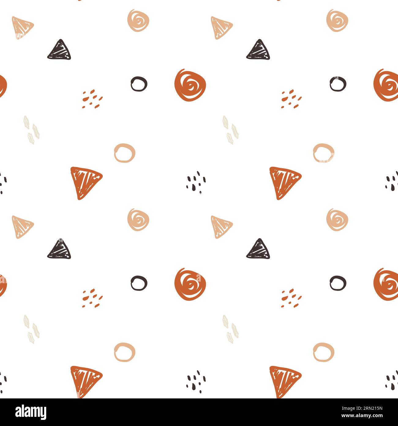 Hand drawn seamless pattern with soft beige, orange and dark grey cute childish elements. Doodle kiddish icons in nice pattern isolated on white backg Stock Vector