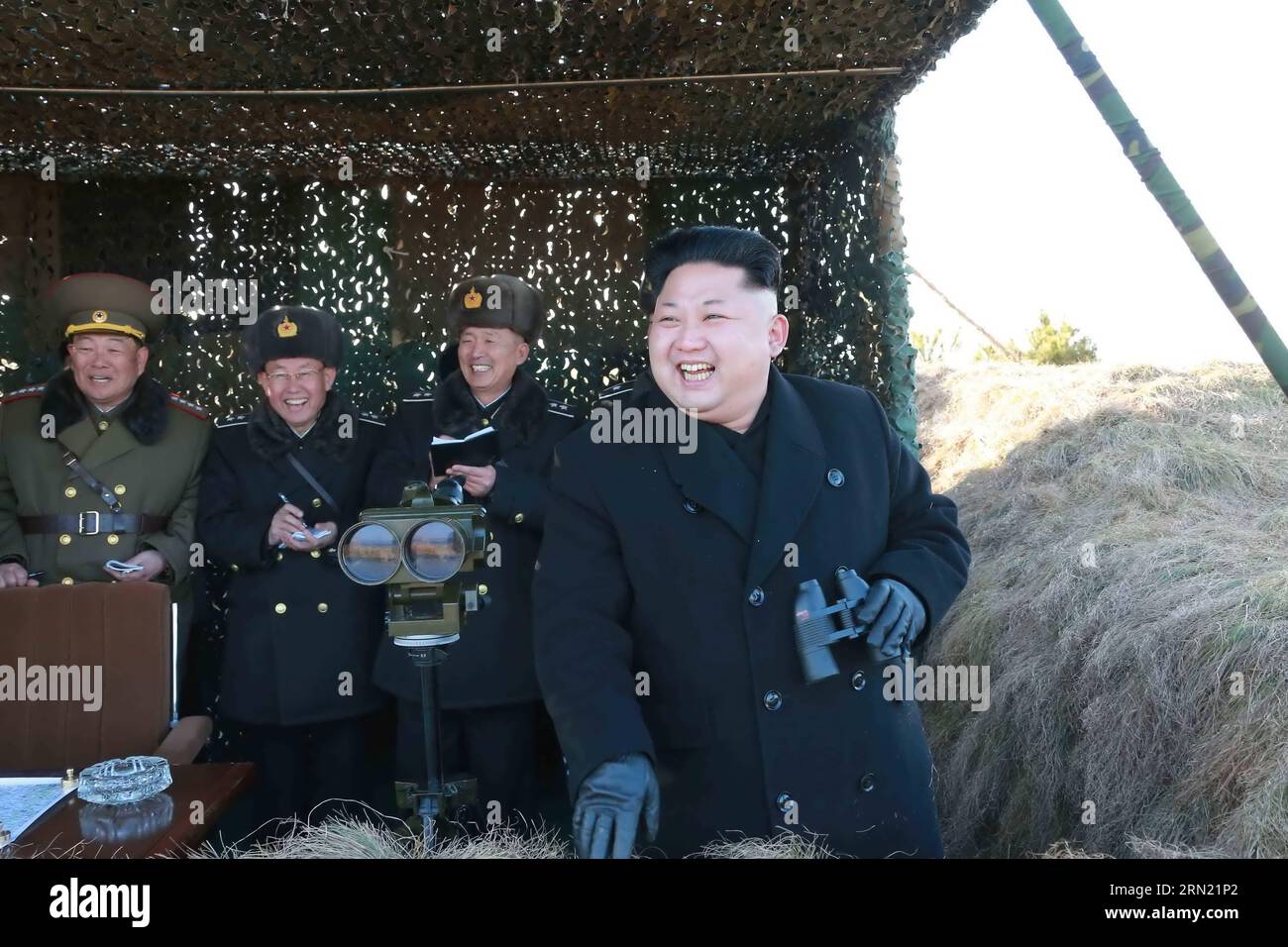 (150131) -- PYONGYANG, Jan. 31 -- Photo provided by Korean Central News Agency () on Jan. 31, 2015 shows top leader of the Democratic People s Republic of Korea (DPRK) Kim Jong Un (front) inspecting a drill of the Korean People s Army (KPA). The fighter airmen and combined submarine units successively carried out the drill. Kim Jong Un gave instructions for bolstering up the operation capabilities of the units of all services. He said that the DPRK is ready to counter any war including a war by conventional armed forces or a nuclear war. ) (lmz) DPRK-KIM JONG UN-DRILL-INSPECTION KCNA PUBLICATI Stock Photo