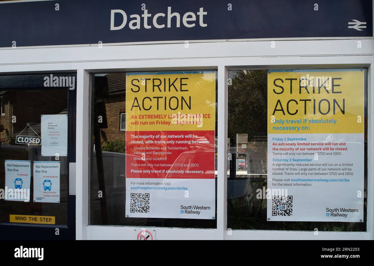 Datchet, UK. 30th August, 2023. Signs at the ticket office in Datchet Railway Station in Berkshire about the forthcoming rail strikes. Further rail strikes are taking place on 1st and 2nd September 2023 in an ongoing dispute about pay and the closure of railway station ticket offices. The Rail Industry Body, The Rail Delivery Group have announced that plans to close the majority of all railway station ticket offices in England have been confirmed.  This is a huge blow to rail workers, many of whom, fear they will lose their jobs. It is also being criticised by those with mobility issues, disab Stock Photo