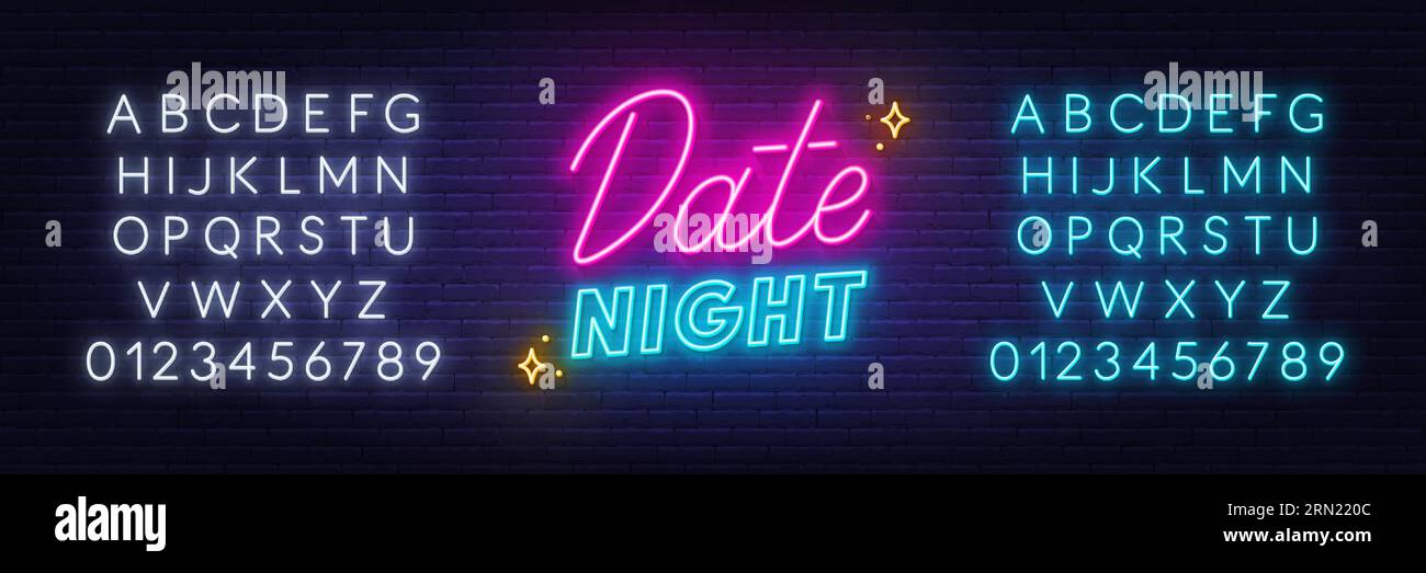 Date Night neon lettering on brick wall background. Blue and white neon ...