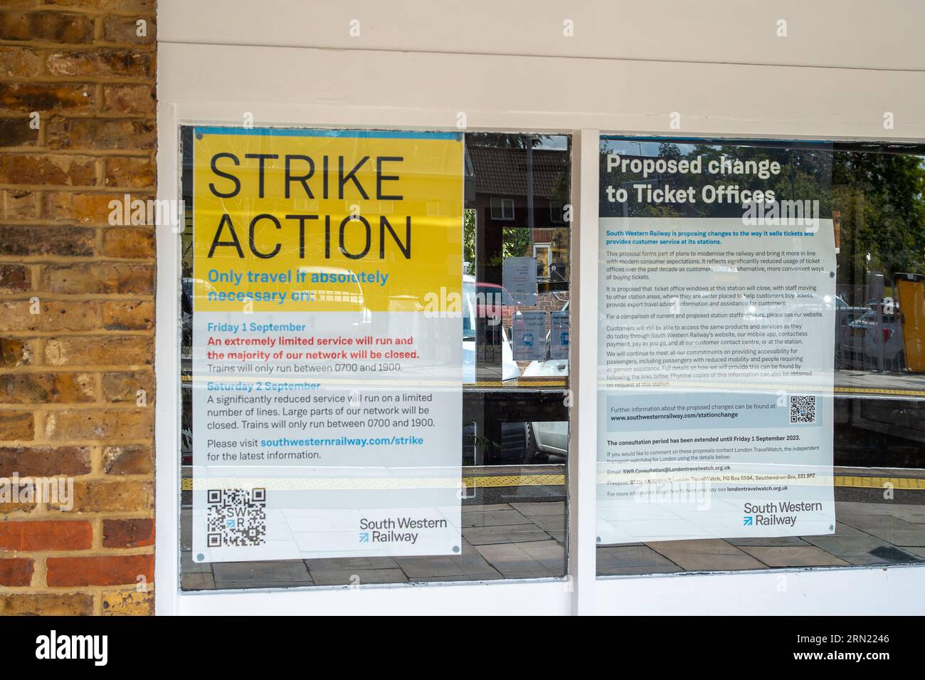 Datchet, UK. 30th August, 2023. Signs at the ticket office in Datchet Railway Station in Berkshire about the forthcoming rail strikes. Further rail strikes are taking place on 1st and 2nd September 2023 in an ongoing dispute about pay and the closure of railway station ticket offices. The Rail Industry Body, The Rail Delivery Group have announced that plans to close the majority of all railway station ticket offices in England have been confirmed.  This is a huge blow to rail workers, many of whom, fear they will lose their jobs. It is also being criticised by those with mobility issues, disab Stock Photo