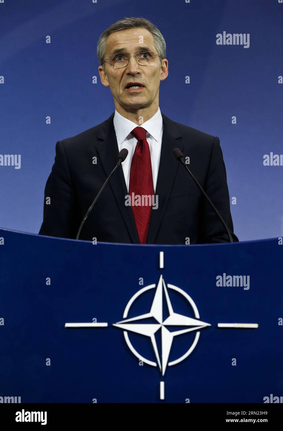 (150205) -- BRUSSELS, Feb. 5, 2015 -- NATO Secretary General Jens Stoltenberg speaks during the press conference after the NATO defense ministers meeting at the Alliance headquarters in Brussels, capital of Belgium, Feb. 5, 2014. NATO Defense Ministers gathered here on Thursday to discuss the implementation of the Readiness Action Plan and the Ukraine crisis. Zhou Lei) BELGIUM-NATO-DEFENSE MINISTER-JENS STOLTENBERG ?? PUBLICATIONxNOTxINxCHN   Brussels Feb 5 2015 NATO Secretary General Jens Stoltenberg Speaks during The Press Conference After The NATO Defense Minister Meeting AT The Alliance He Stock Photo