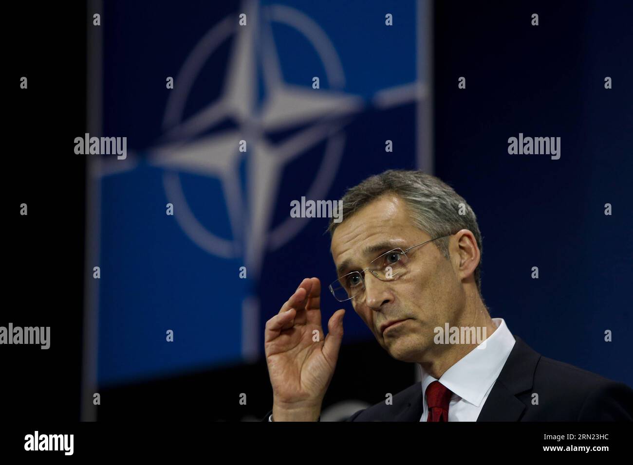 (150205) -- BRUSSELS, Feb. 5, 2015 -- NATO Secretary General Jens Stoltenberg gestures during the press conference after the NATO defense ministers meeting at the Alliance headquarters in Brussels, capital of Belgium, Feb. 5, 2014. NATO Defense Ministers gathered here on Thursday to discuss the implementation of the Readiness Action Plan and the Ukraine crisis. Zhou Lei) BELGIUM-NATO-DEFENSE MINISTER-JENS STOLTENBERG ?? PUBLICATIONxNOTxINxCHN   Brussels Feb 5 2015 NATO Secretary General Jens Stoltenberg gestures during The Press Conference After The NATO Defense Minister Meeting AT The Allianc Stock Photo