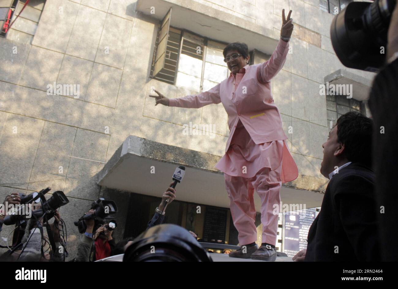 (150207) -- NEW DELHI, Feb. 7, 2015 -- Bharatiya Janata Party (BJP) Chief Ministerial candidate Kiran Bedi poses for photos after casting her vote during the Delhi assembly election at a polling booth in New Delhi, India, Feb. 7, 2015. The Indian capital New Delhi went to polls Saturday, in what is being seen as a closely contested fight between the country s ruling Bharatiya Janata Party (BJP) and the anti-corruption Aam Aadmi Party (AAP) led by former civil servant-turned-politician Arvind Kejriwal. ) INDIA-NEW DELHI-ASSEMBLY ELECTION ParthaxSarkar PUBLICATIONxNOTxINxCHN   New Delhi Feb 7 20 Stock Photo