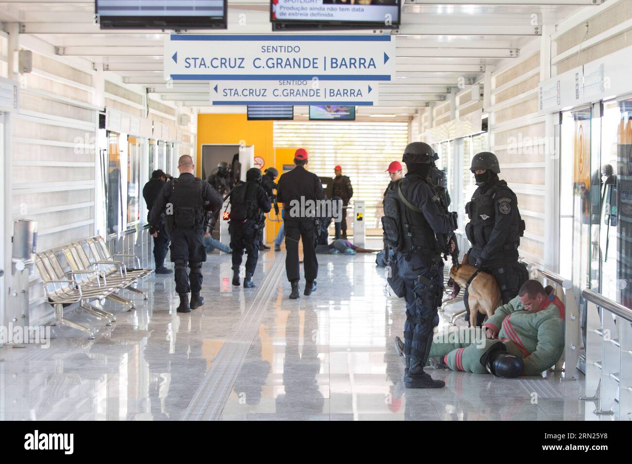 (150211) -- RIO DE JANEIRO, Feb. 11, 2015 -- Police officers take simulated terrorists into custody during an anti-terrorism rehearsal at the Golfe Olimpico BRT station in Rio de Janeiro, Brazil, Feb. 11, 2015. An anti-terrorism rehearsal was held here targeting the possible hostage crisis during the Olympic Games on Wednesday. During the rehearsal, the Tactical Intervention Unit (ITU) of Special Police Operations Battalion (BOPE) came to the rescue of the detained hostages in a BRT bus near the Olympic Golf course. This training was part of the BOPE s preparation for the Olympic Games and oth Stock Photo