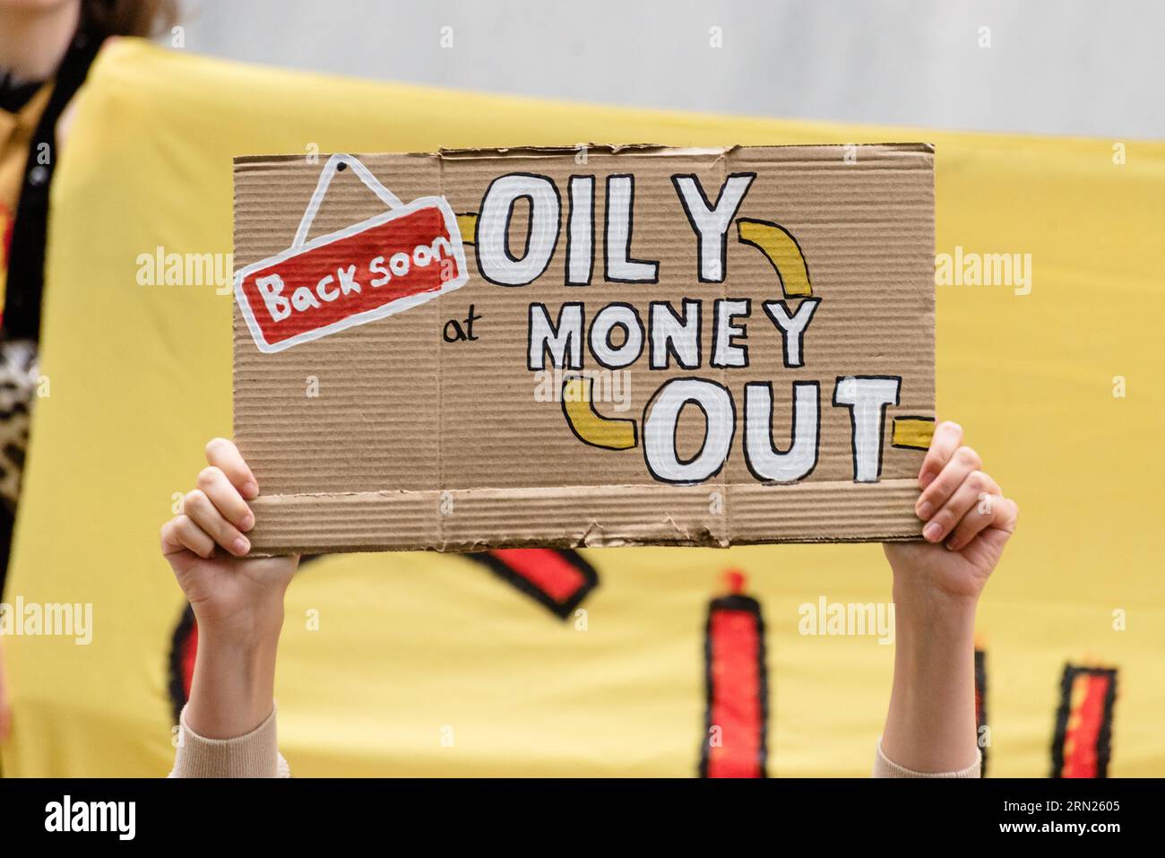 London, UK. 31 August 2023. Fossil Free London protest Shell at their London HQ after a summer of picketing the oil major every week. They asked employees to whistleblow or leave the company over their greenwash and oil and gas expansion. Credit: Andrea Domeniconi/Alamy Live News Stock Photo